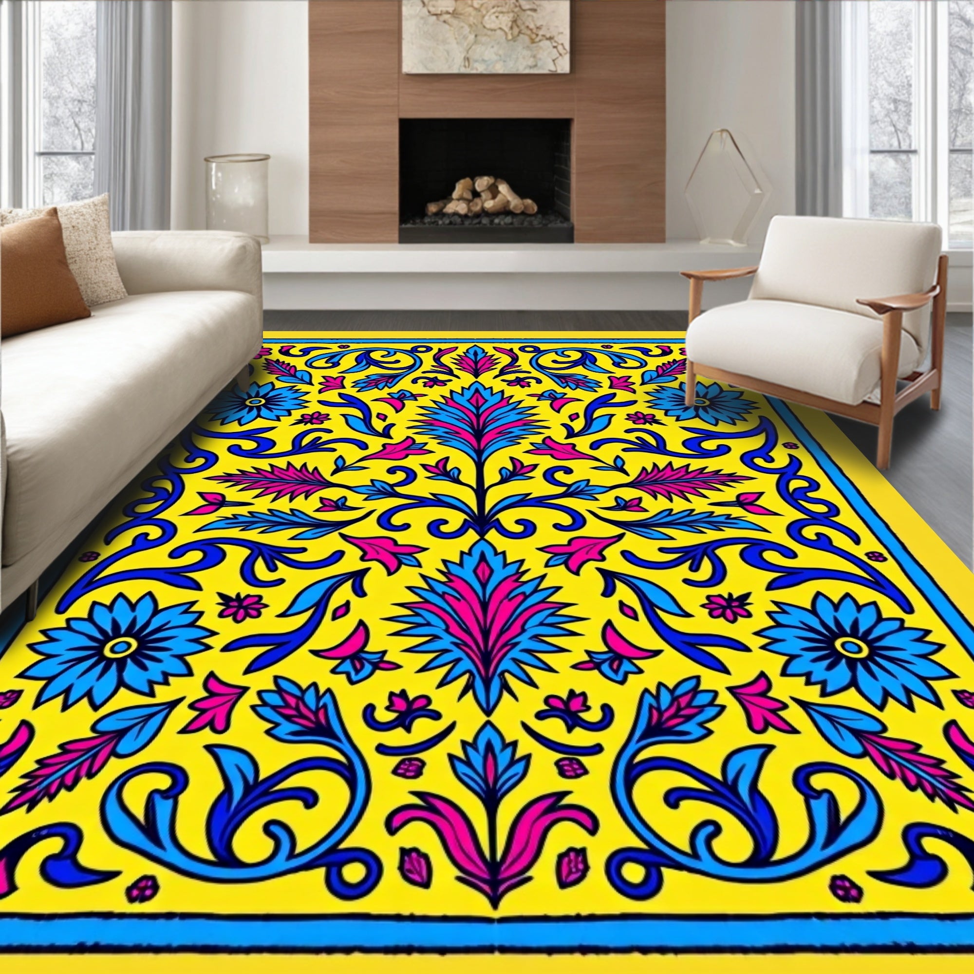 Vibrant Yellow Blue Pink Floral Medallion Rug