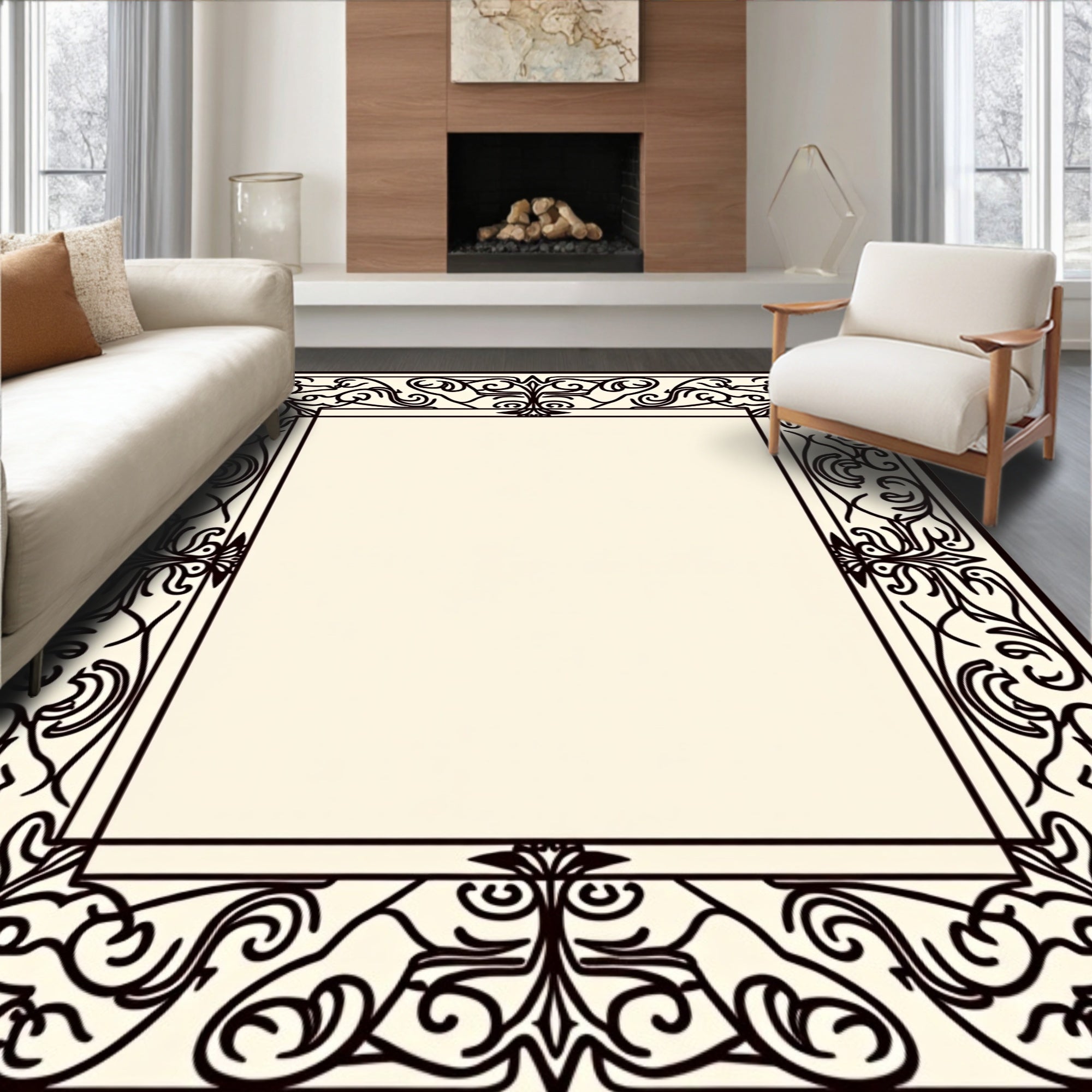 Ornate Black Flourish Border Rug