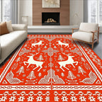 Red White Folk Art Deer Forest Rug