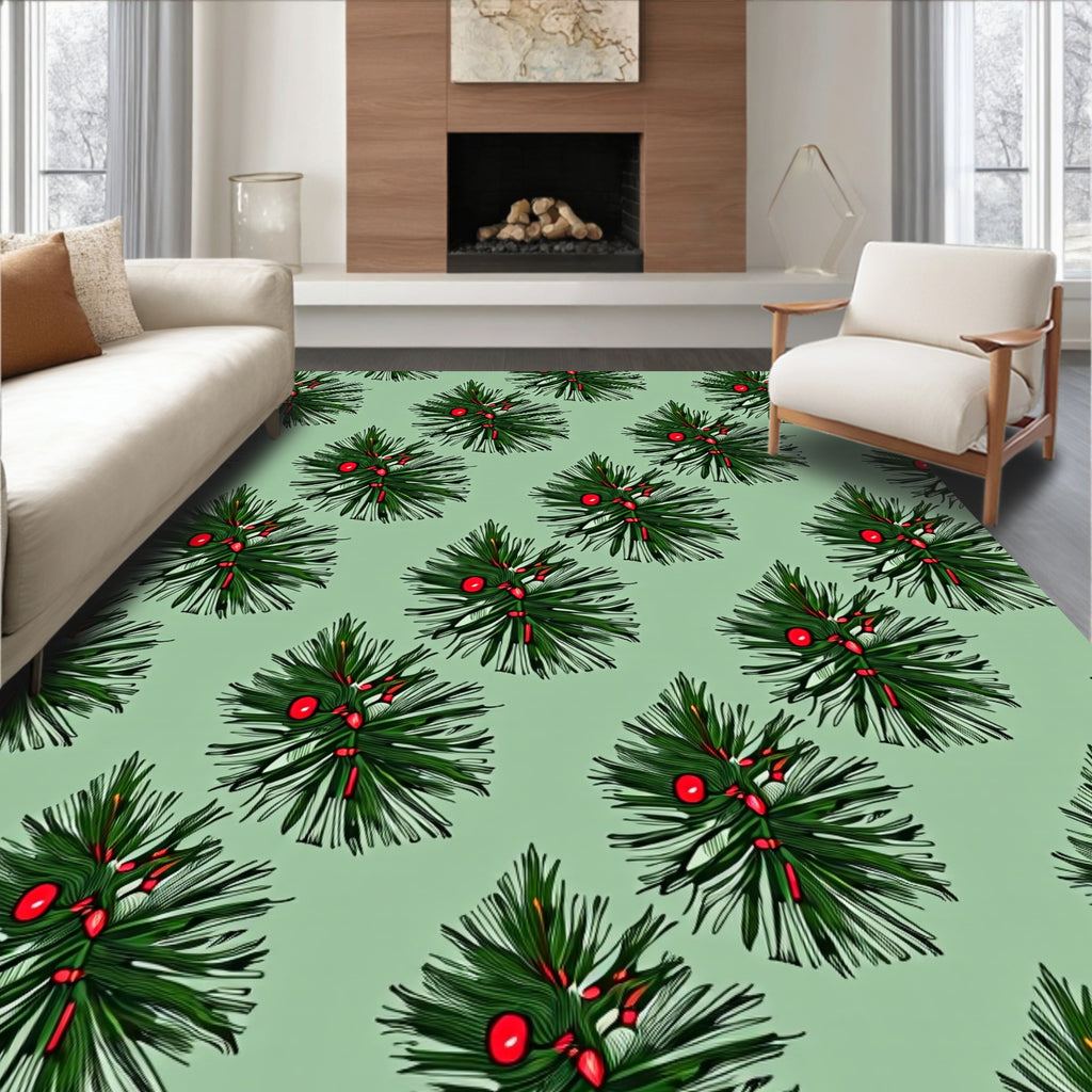 Green Pine Boughs with Red Berries Rug