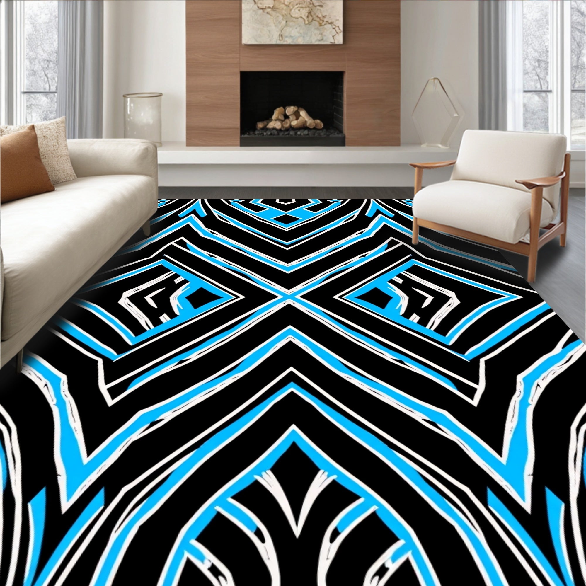 Bold Black Blue Geometric Chevron Rug
