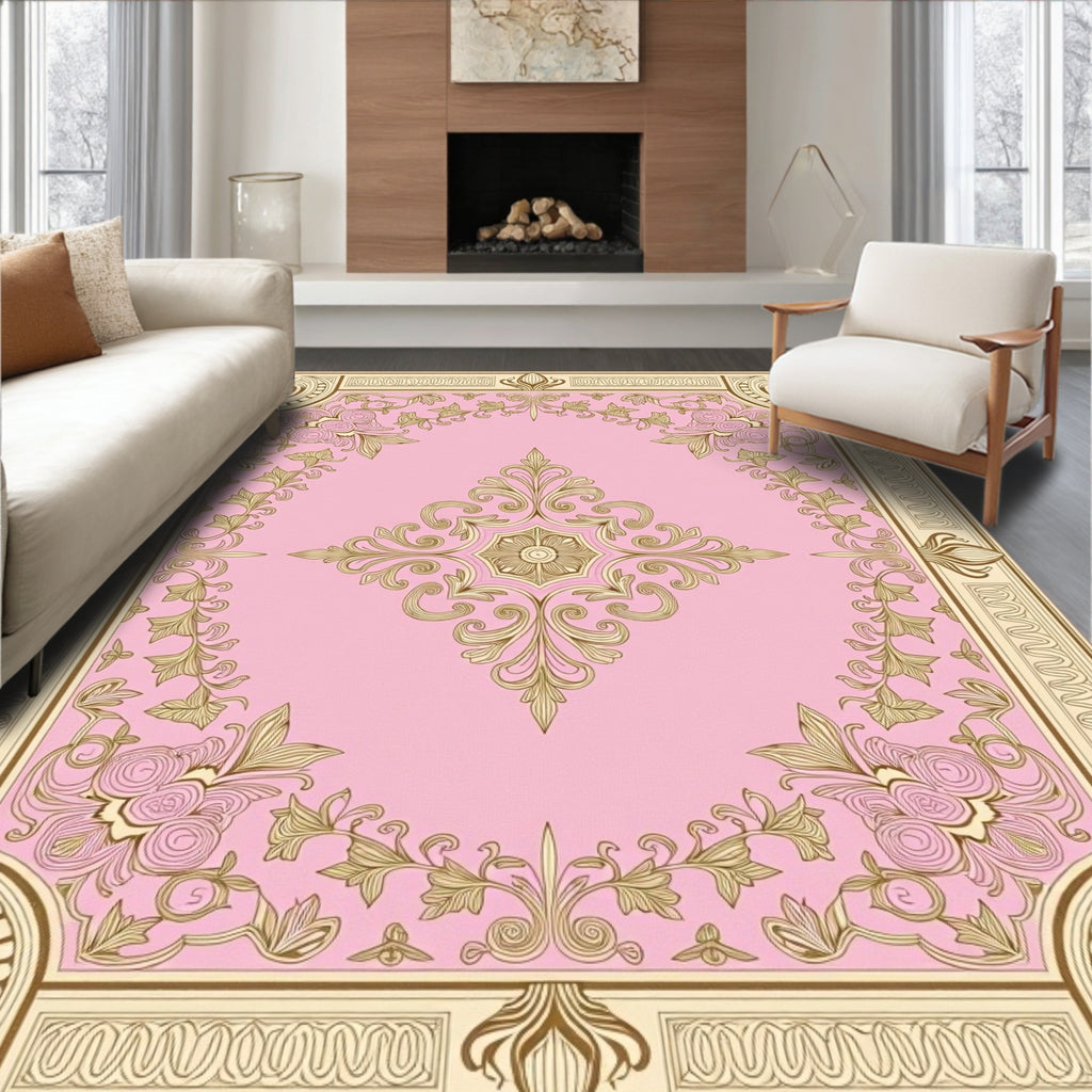 Gold Floral Vine Detailed Pink Rug