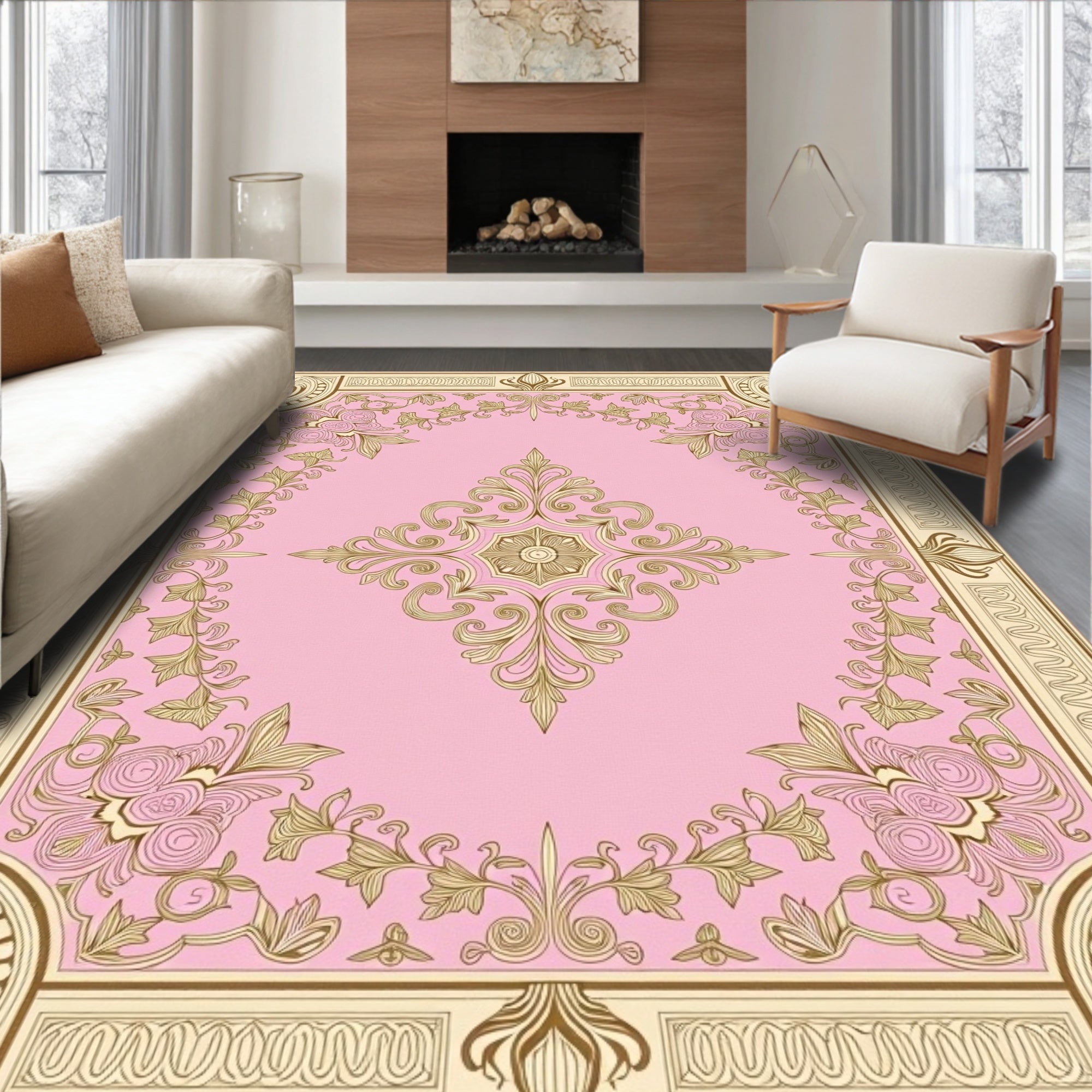 Gold Floral Vine Detailed Pink Rug