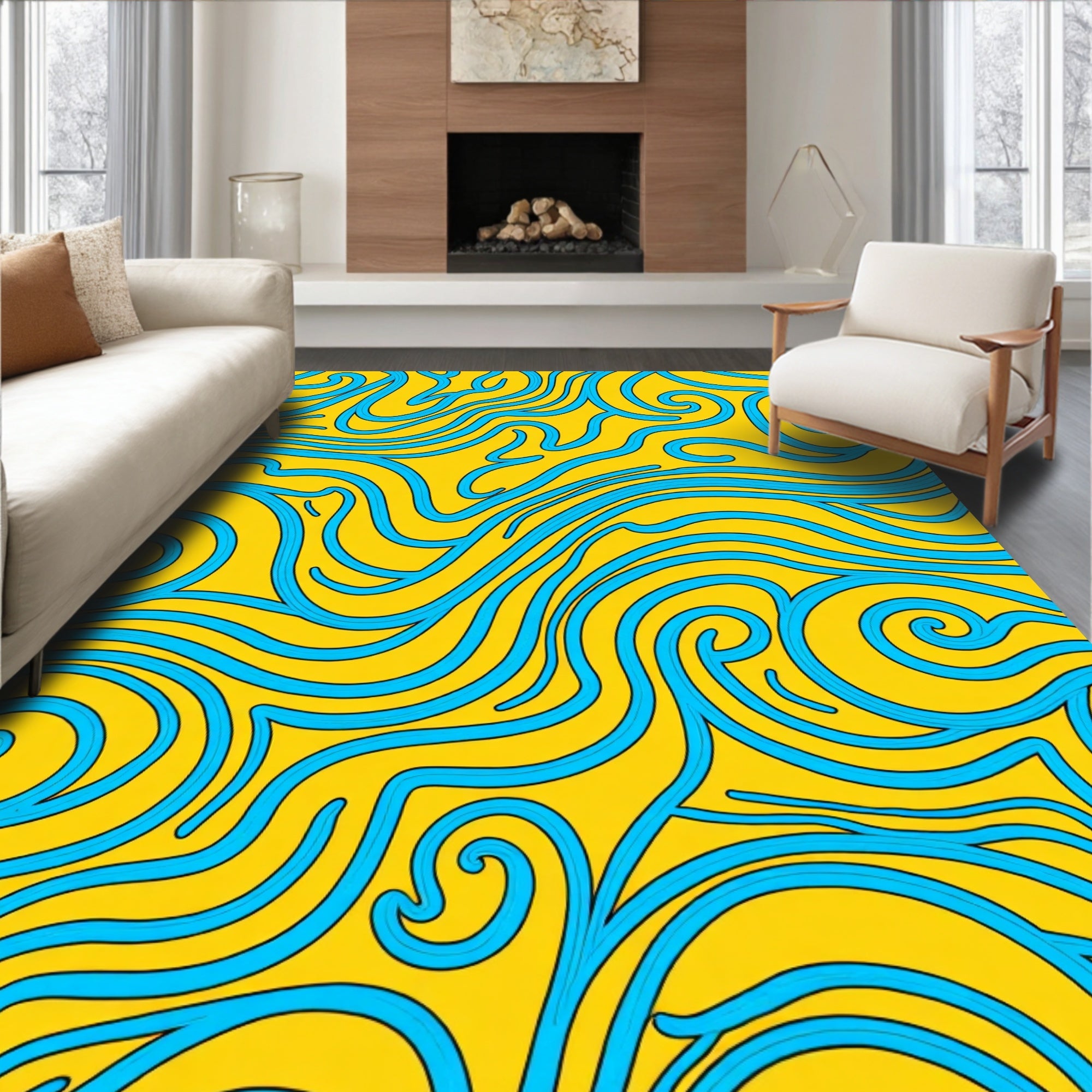 Yellow Blue Swirling Abstract Lines Rug