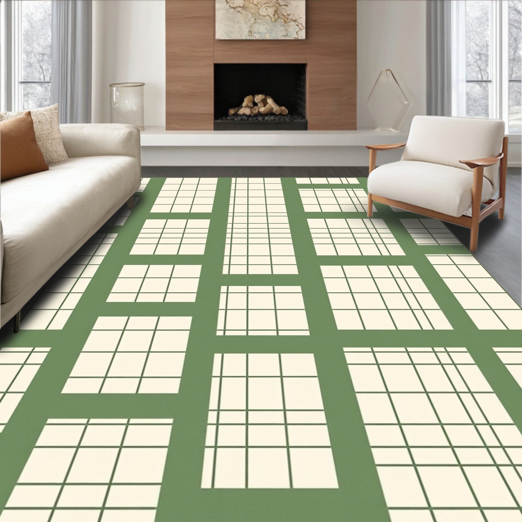 Sage Green Plaid Window Pane Rug