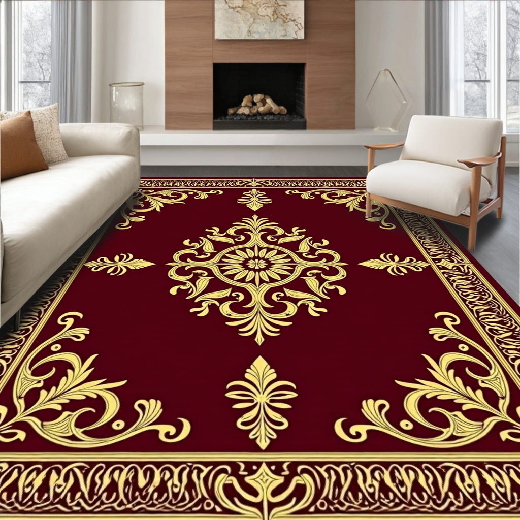 Dark Red Gold Ornate Scroll Medallion Rug