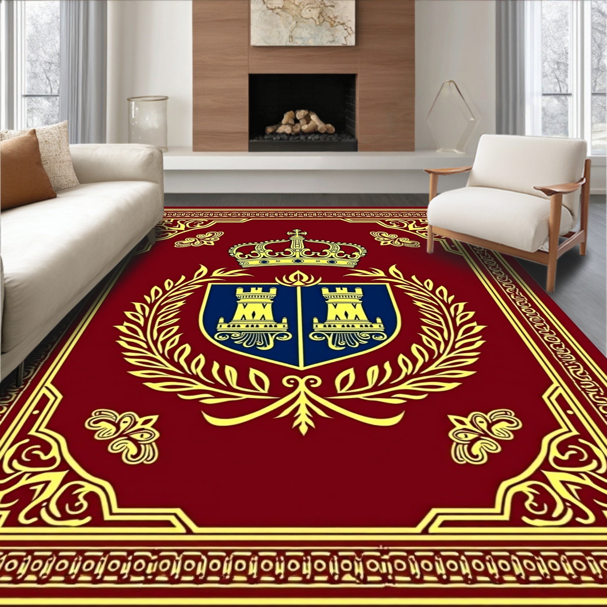 Crimson Gold Crown Laurel Emblem Rug