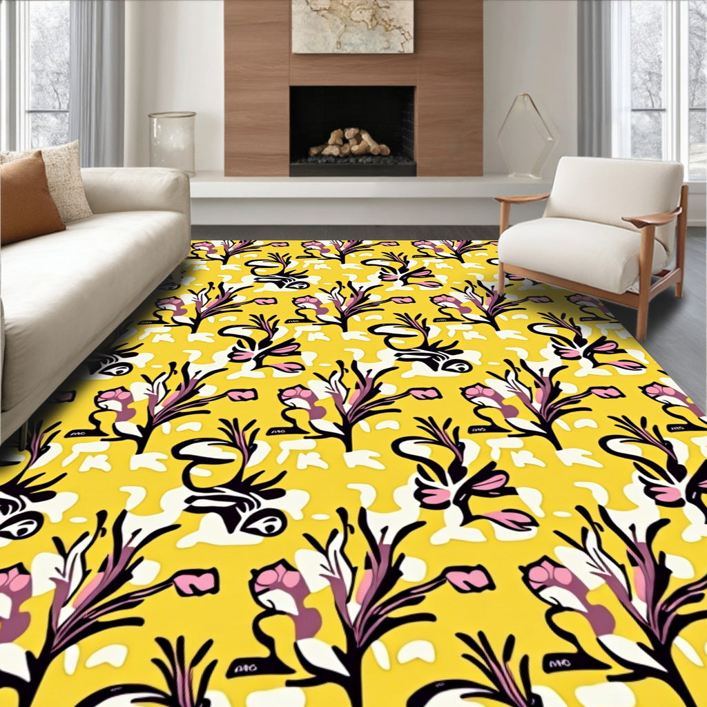 Whimsical Yellow Floral Abstract Rug
