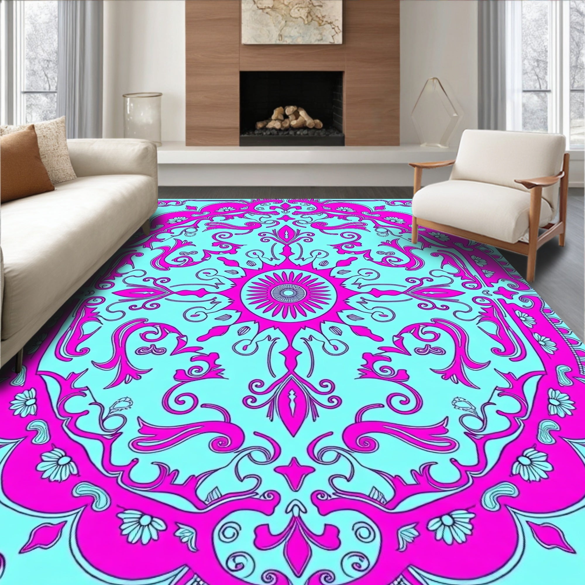 Fuchsia Aqua Floral Mandala Medallion Rug