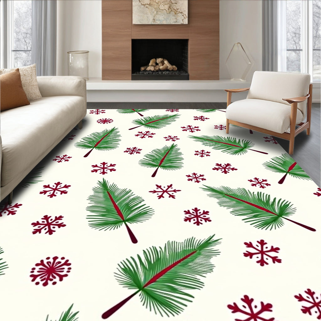 Green Pine Sprigs Red Snowflakes Rug
