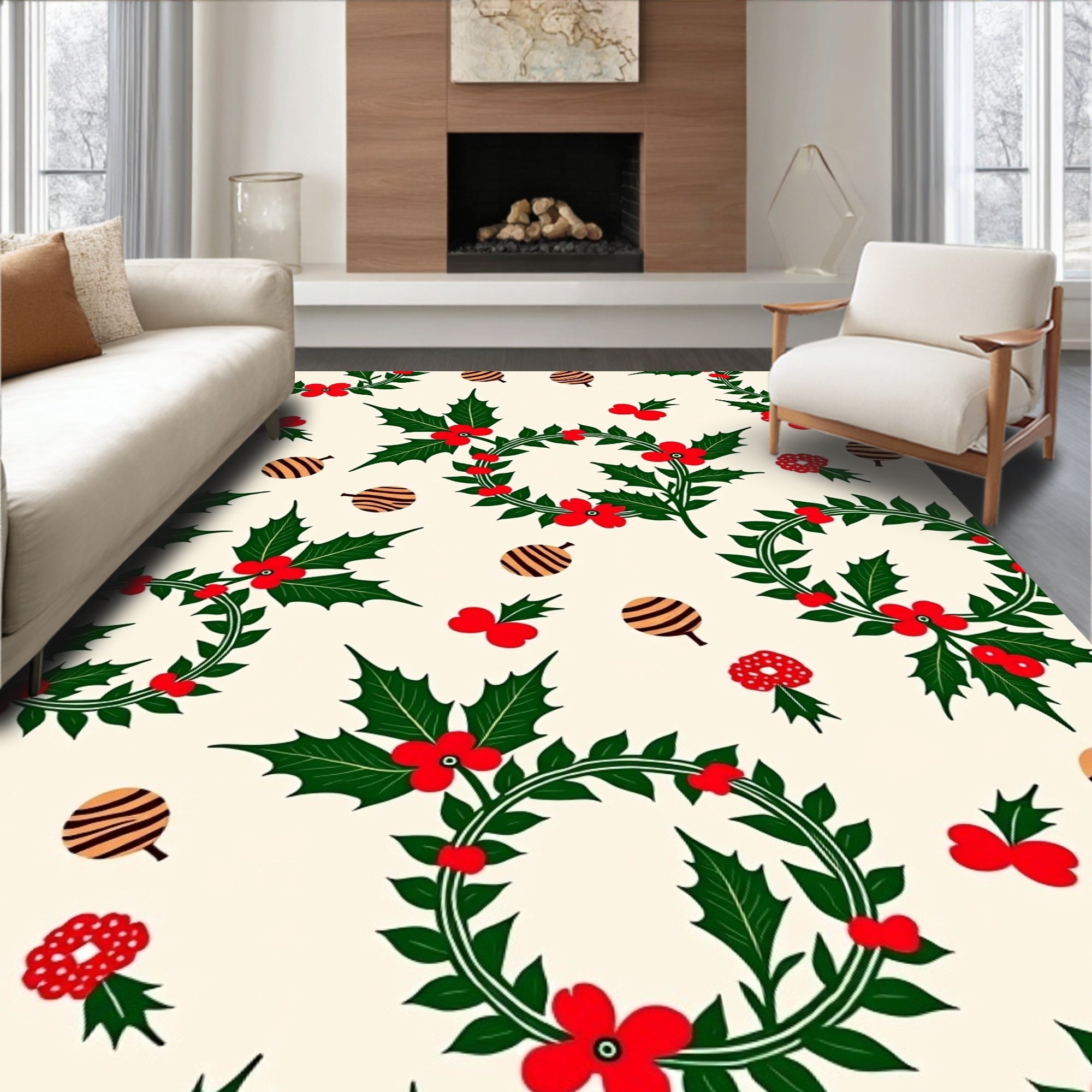 Festive Holly Wreath Floral Collection Rug