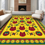 Whimsical Red Cat Yellow Floral Rug