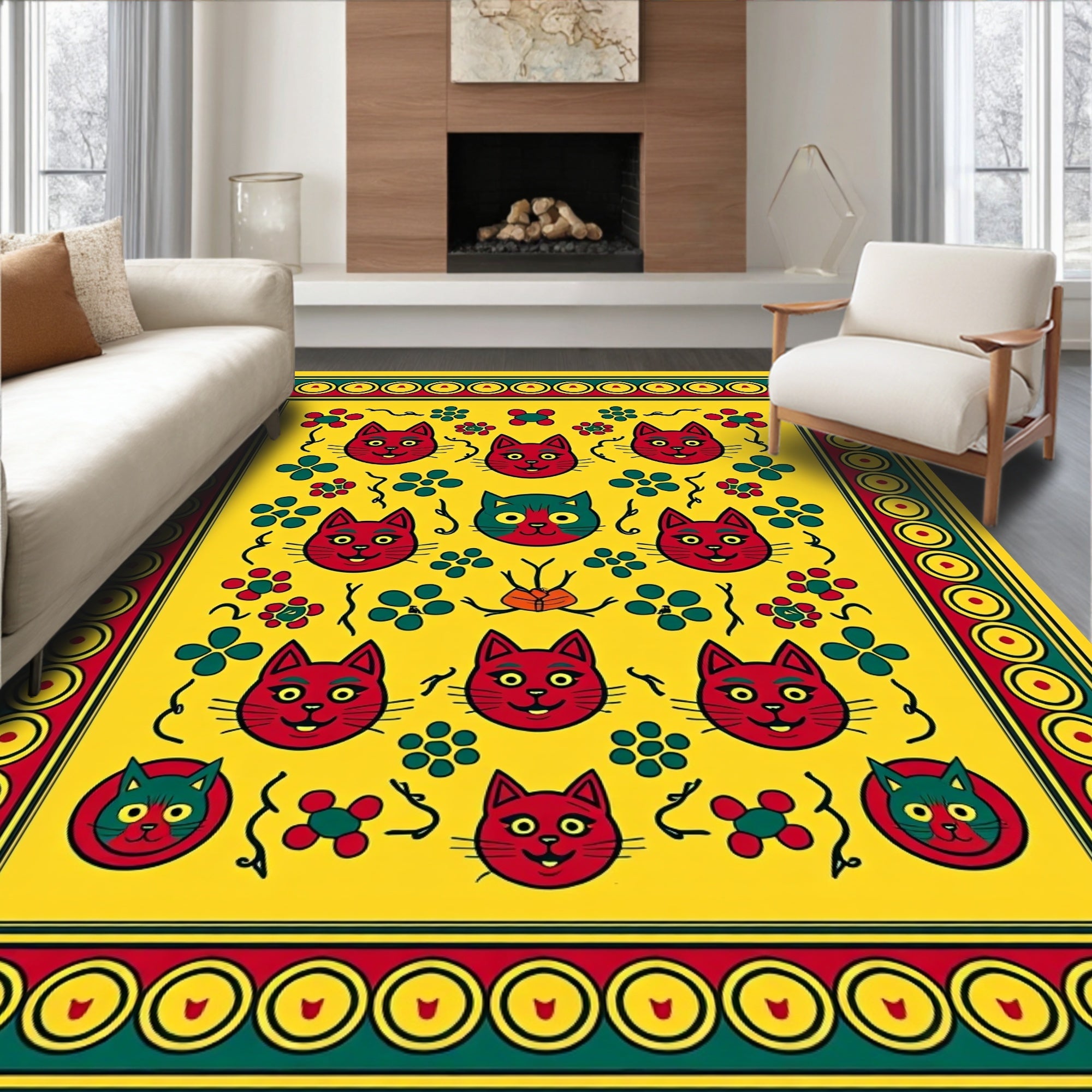 Whimsical Red Cat Yellow Floral Rug