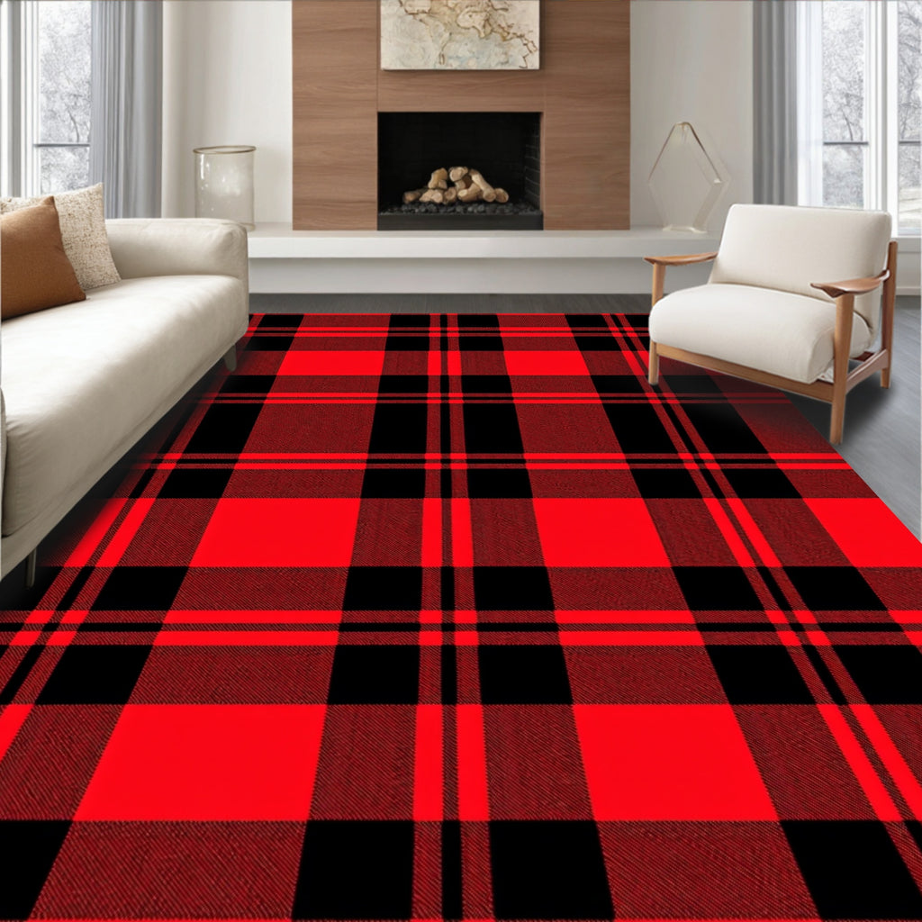 Red Black Plaid Traditional Check Rug