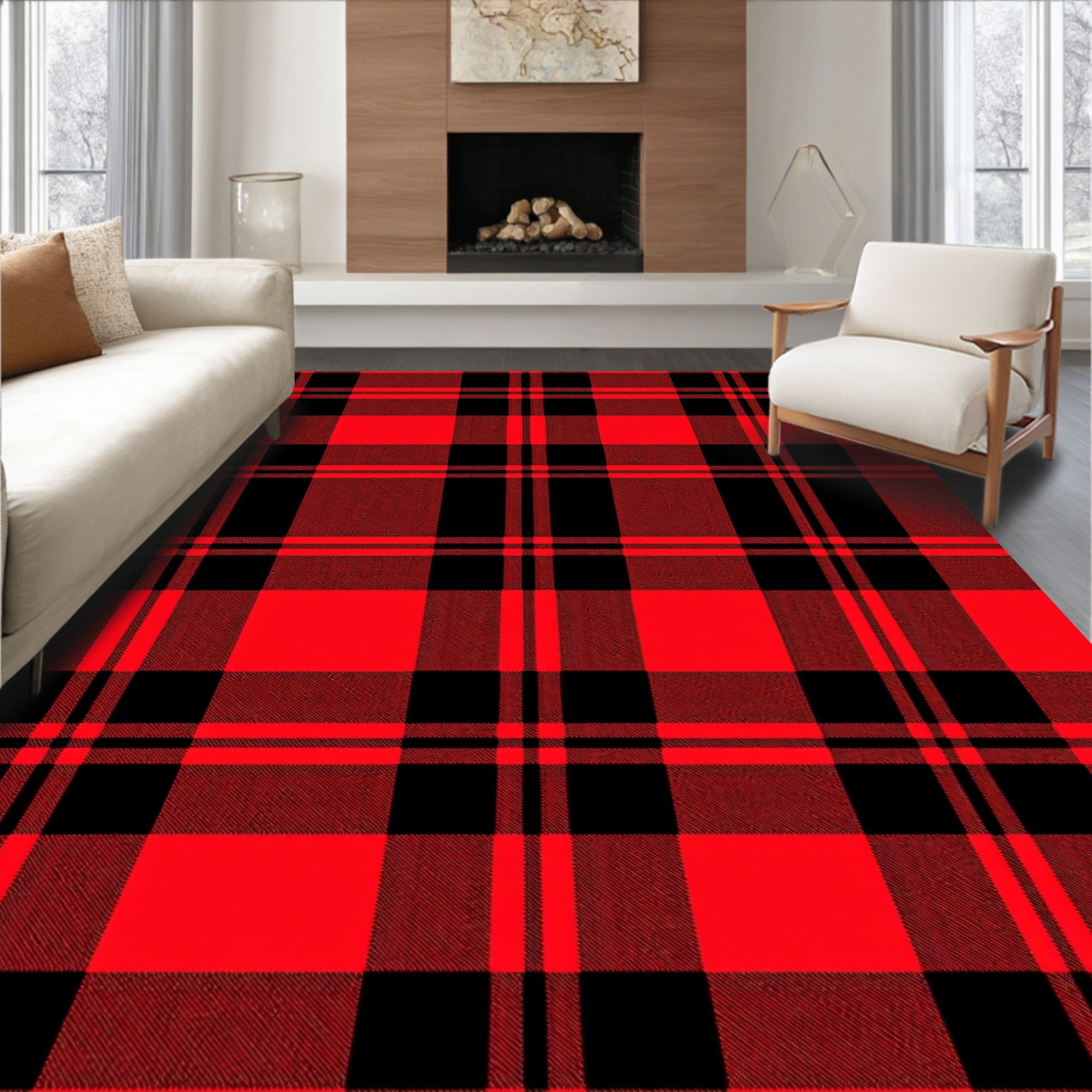 Red Black Plaid Traditional Check Rug