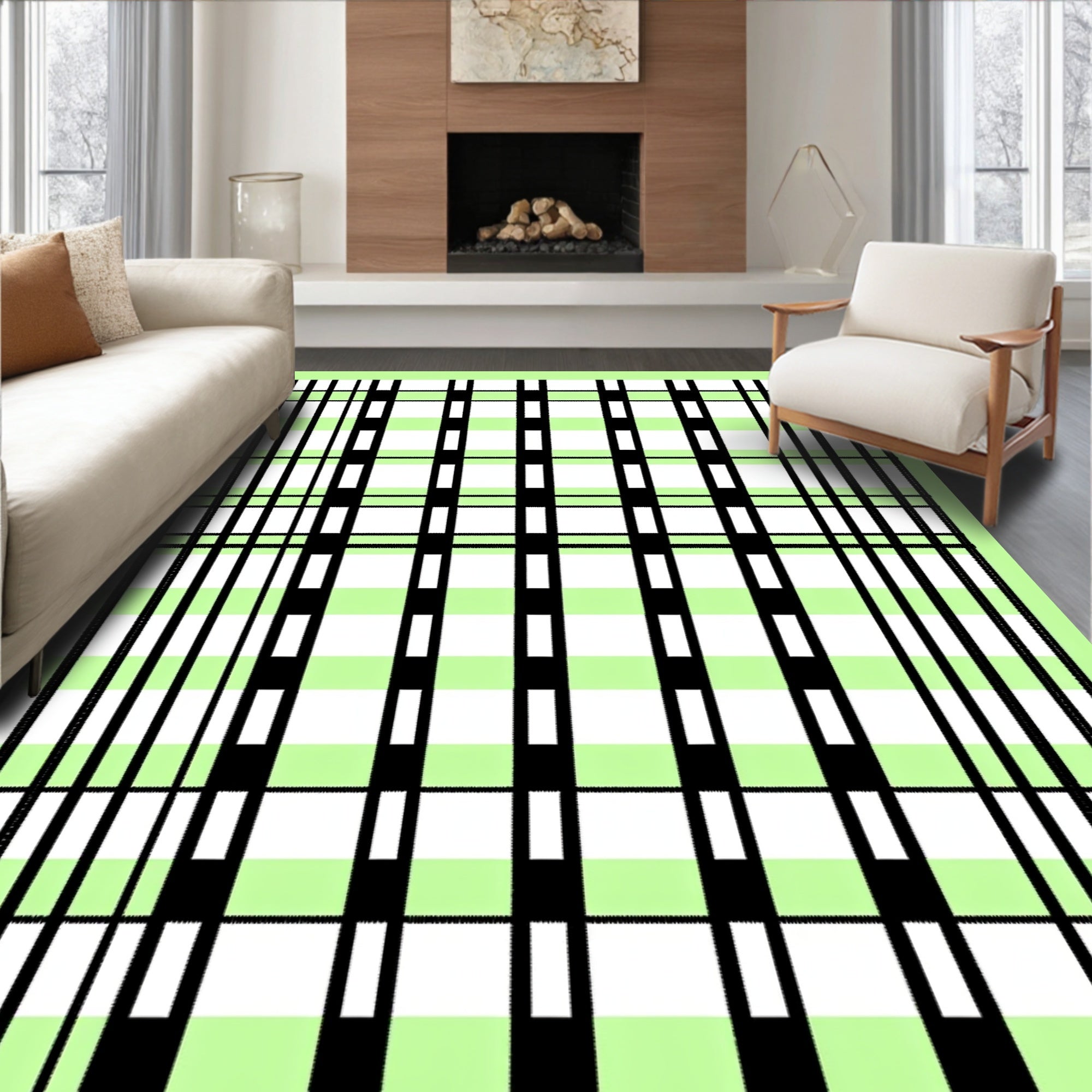Light Green Black Plaid Stripes Rug
