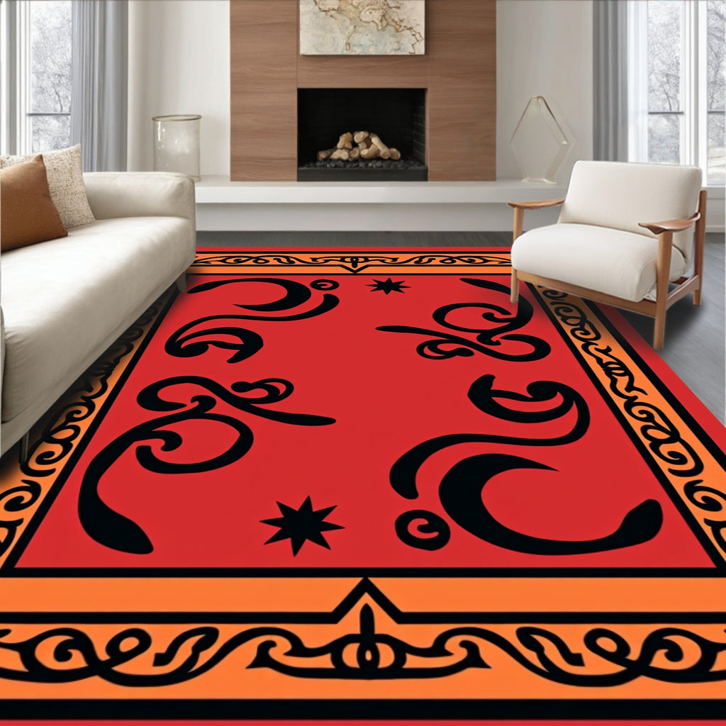 Bold Red Black Swirl Celestial Frame Rug