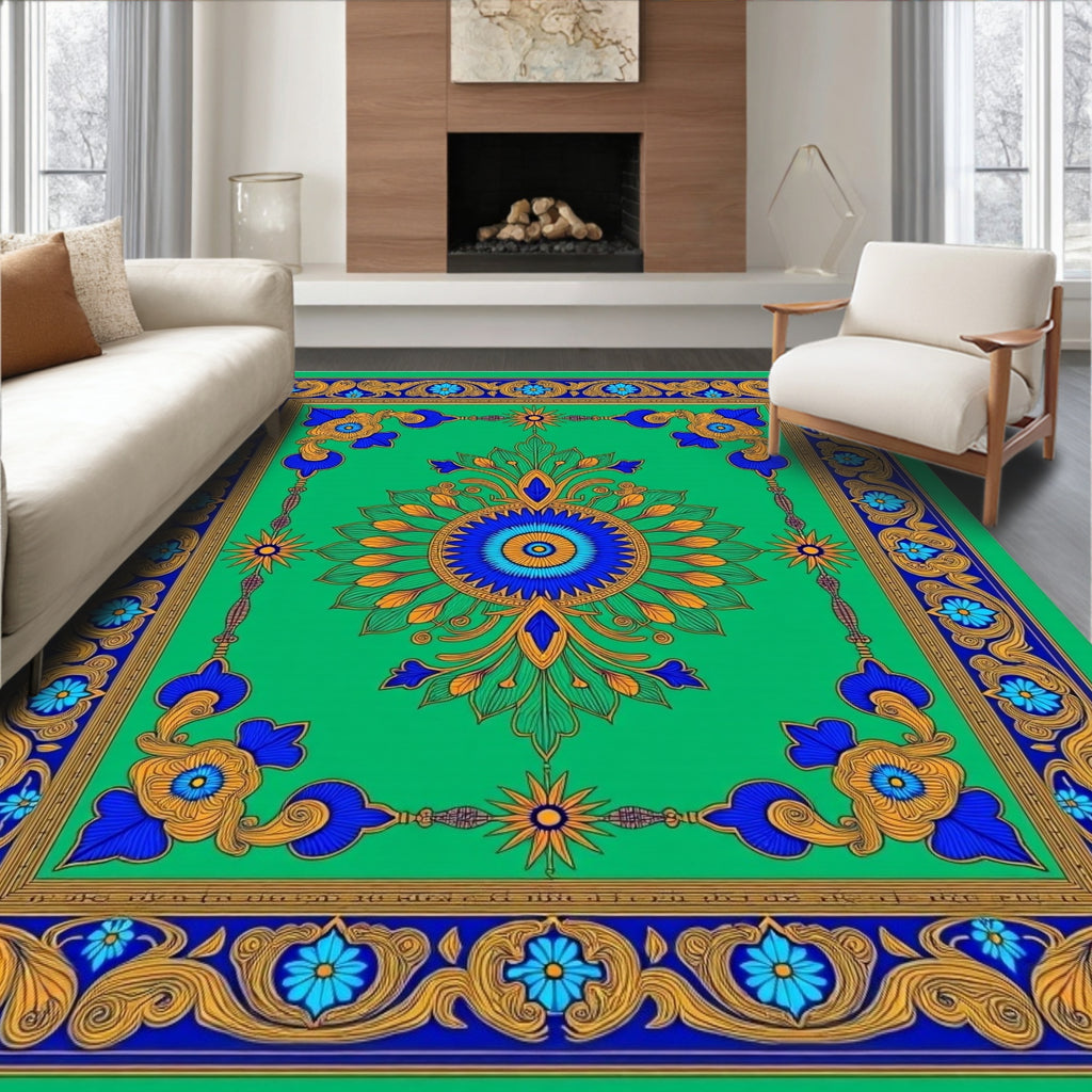 Vibrant Green Gold Blue Medallion Rug