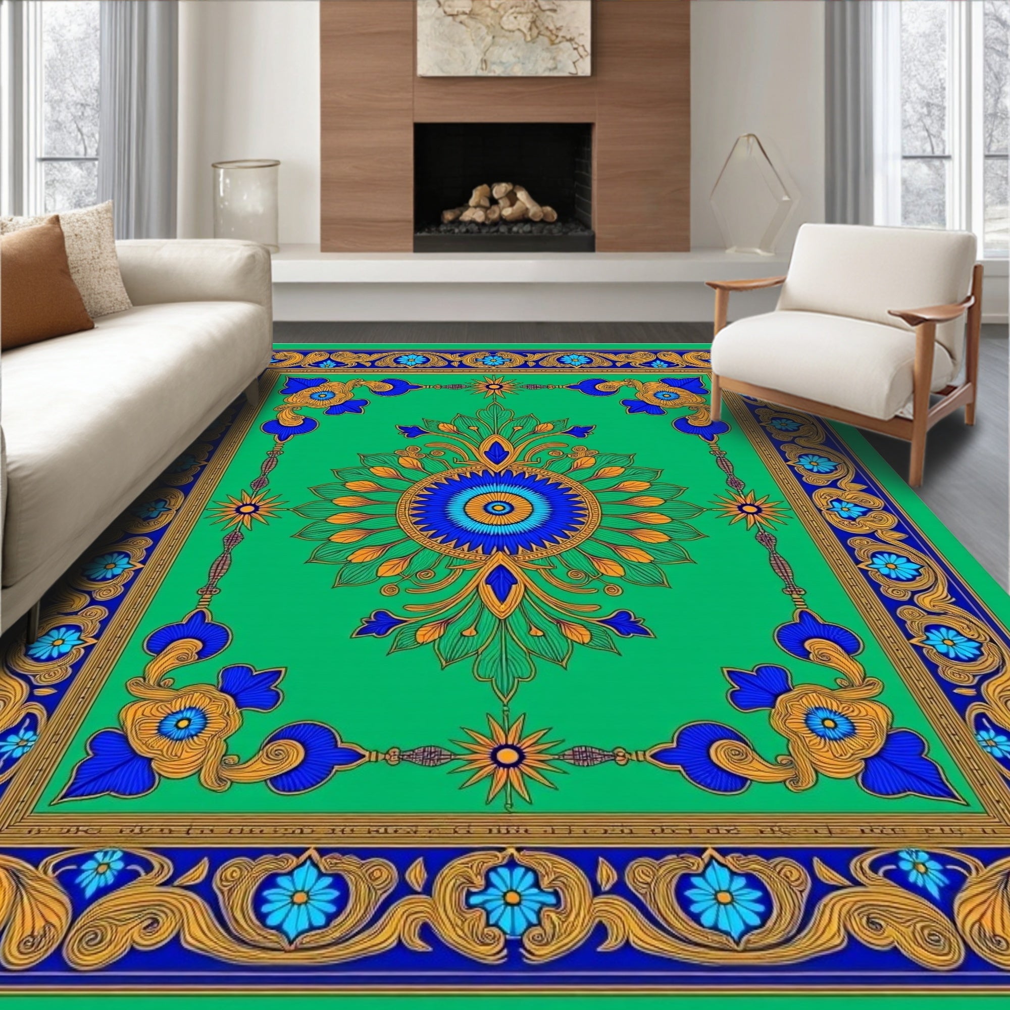 Vibrant Green Gold Blue Medallion Rug