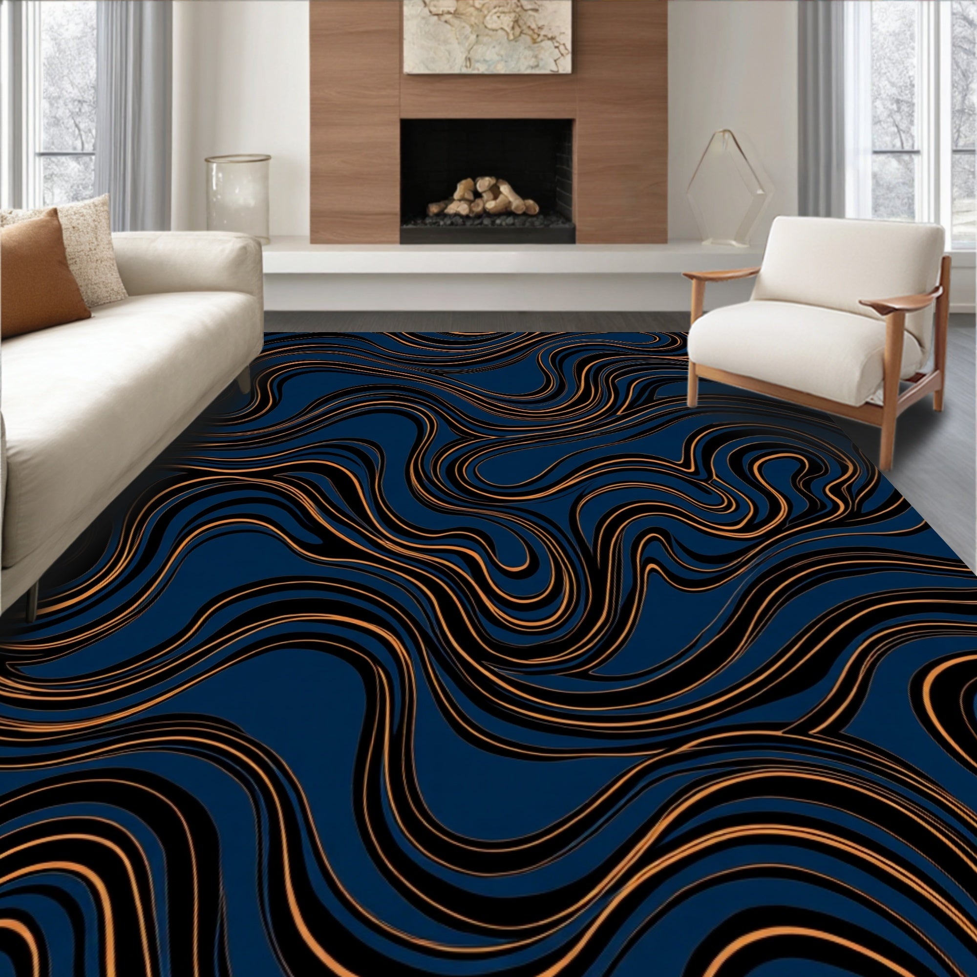 Deep Blue Orange Swirl Abstract Rug