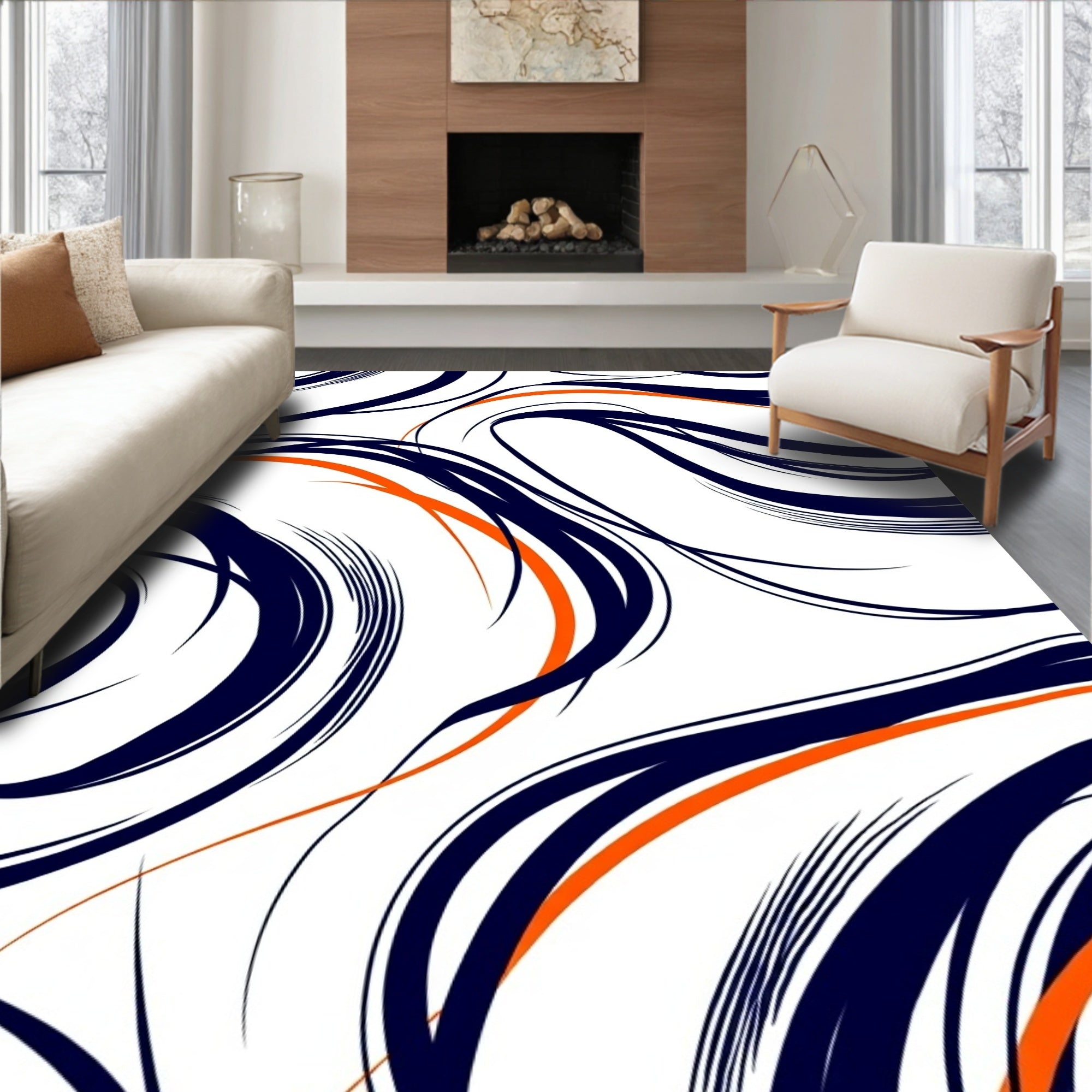 Chic Navy Orange Swirl Abstract Rug