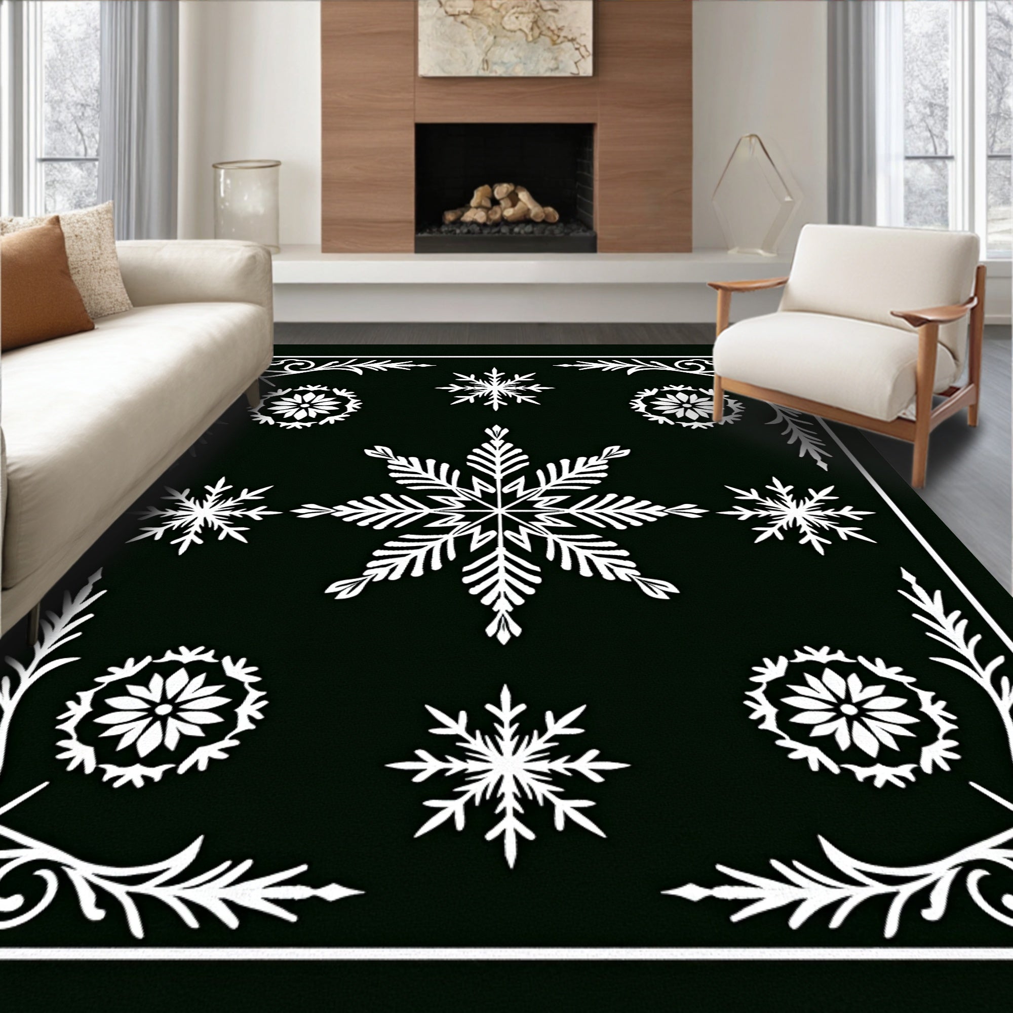 Winter White Snowflake Floral Borders Rug