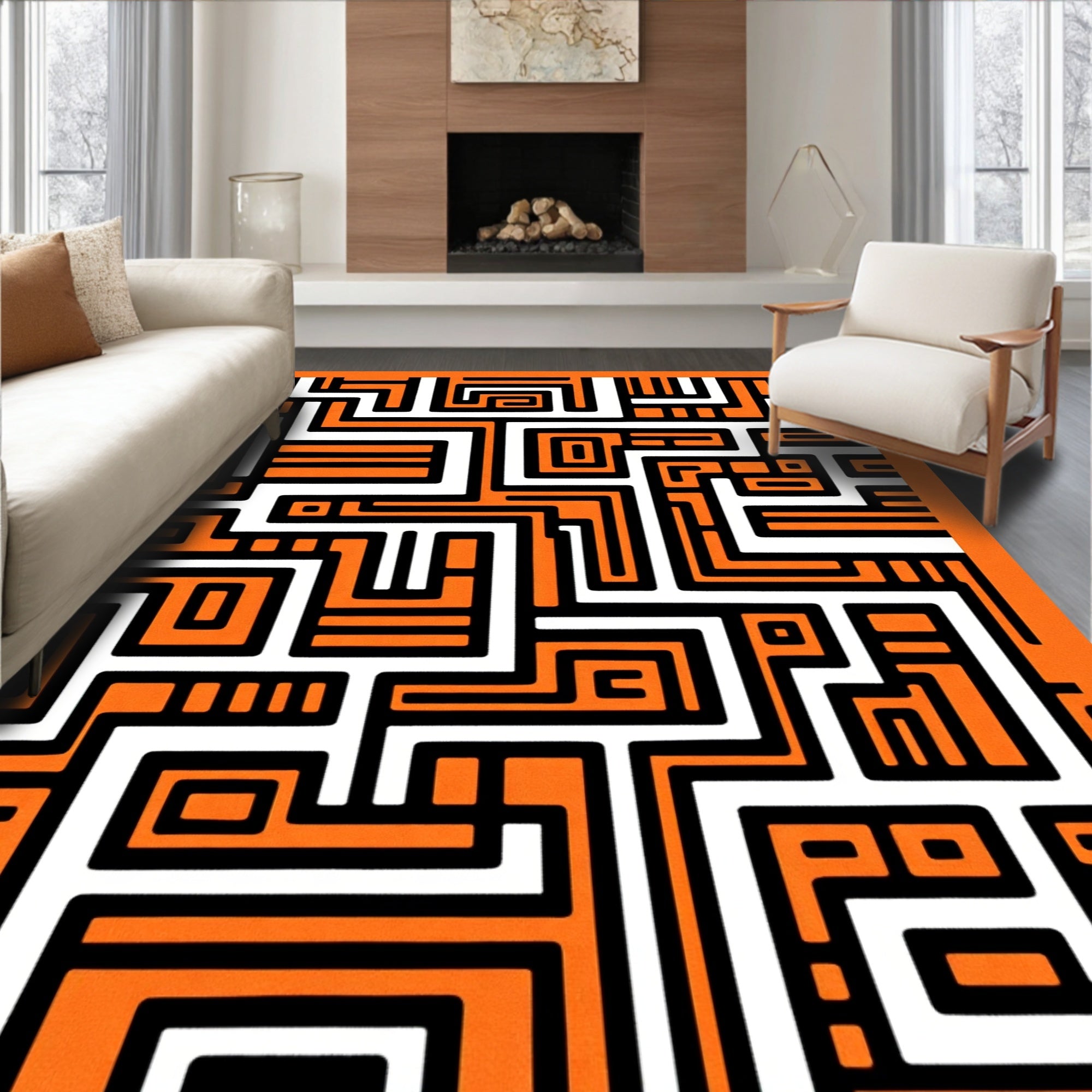 Orange White Black Maze Lines Rug