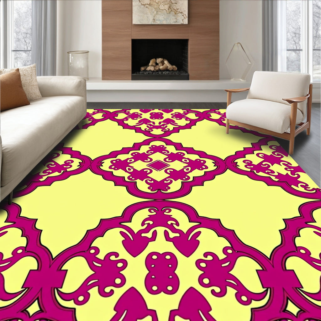 Vibrant Magenta Arching Filigree Yellow Rug