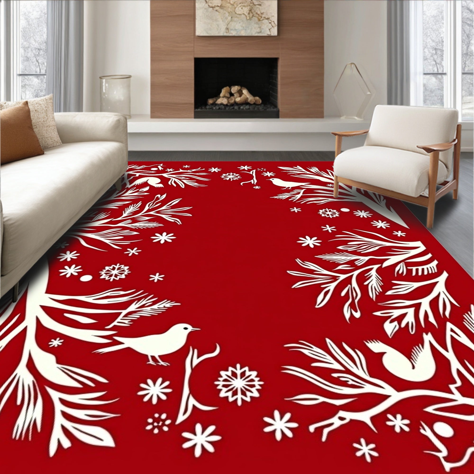 Crimson Winter Birds Snowflakes Border Rug