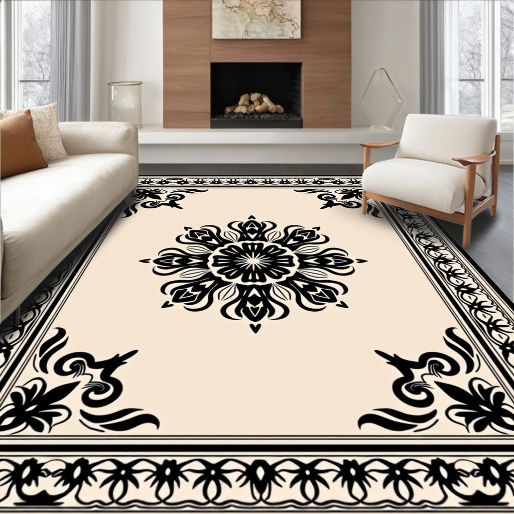 Ornate Black Cream Floral medallion Rug