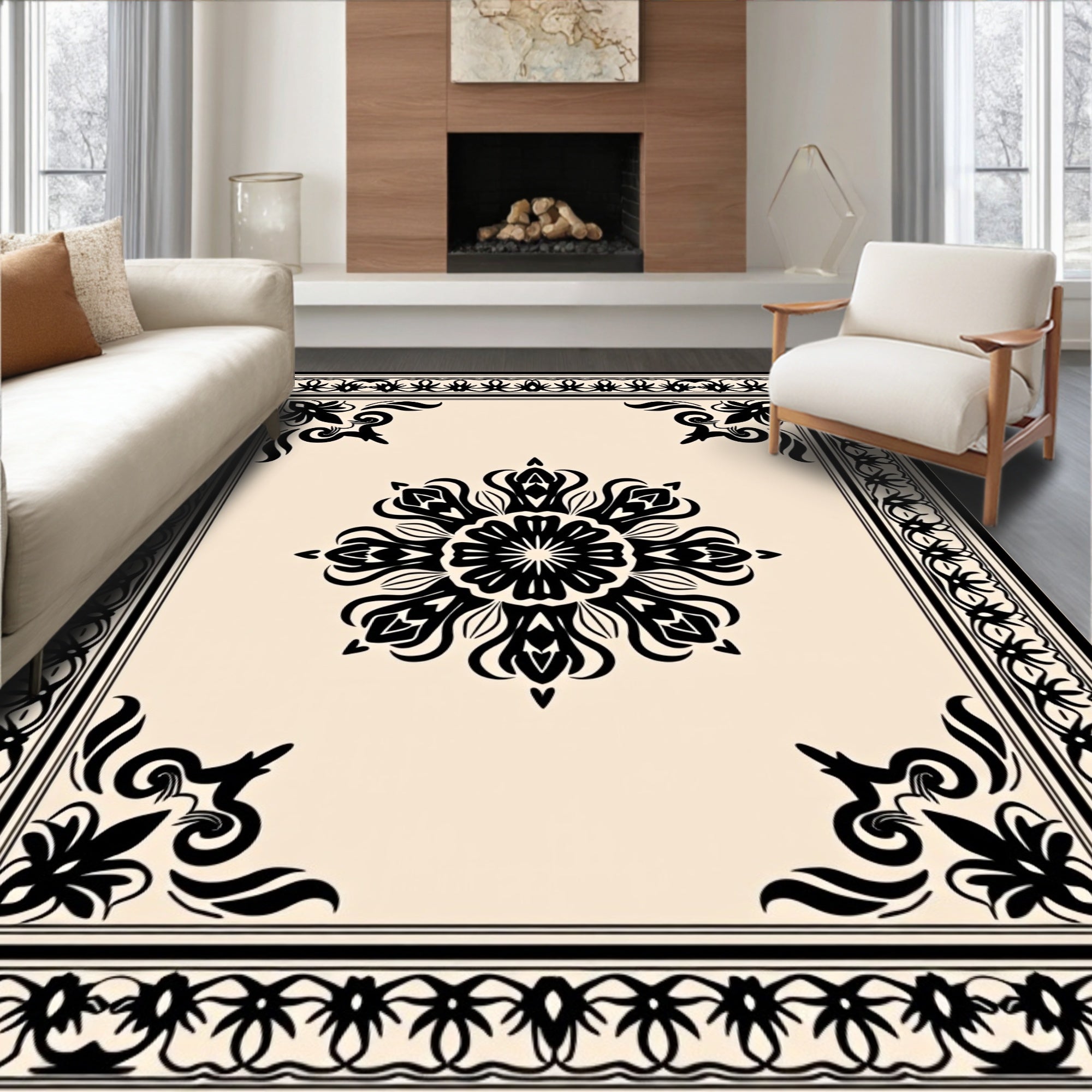 Ornate Black Cream Floral medallion Rug