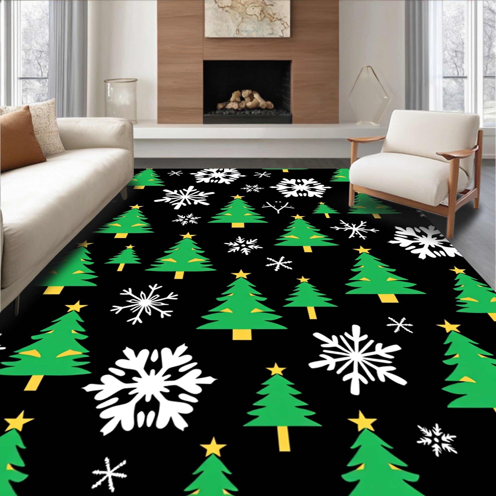 Green Christmas Trees White Snowflakes Rug