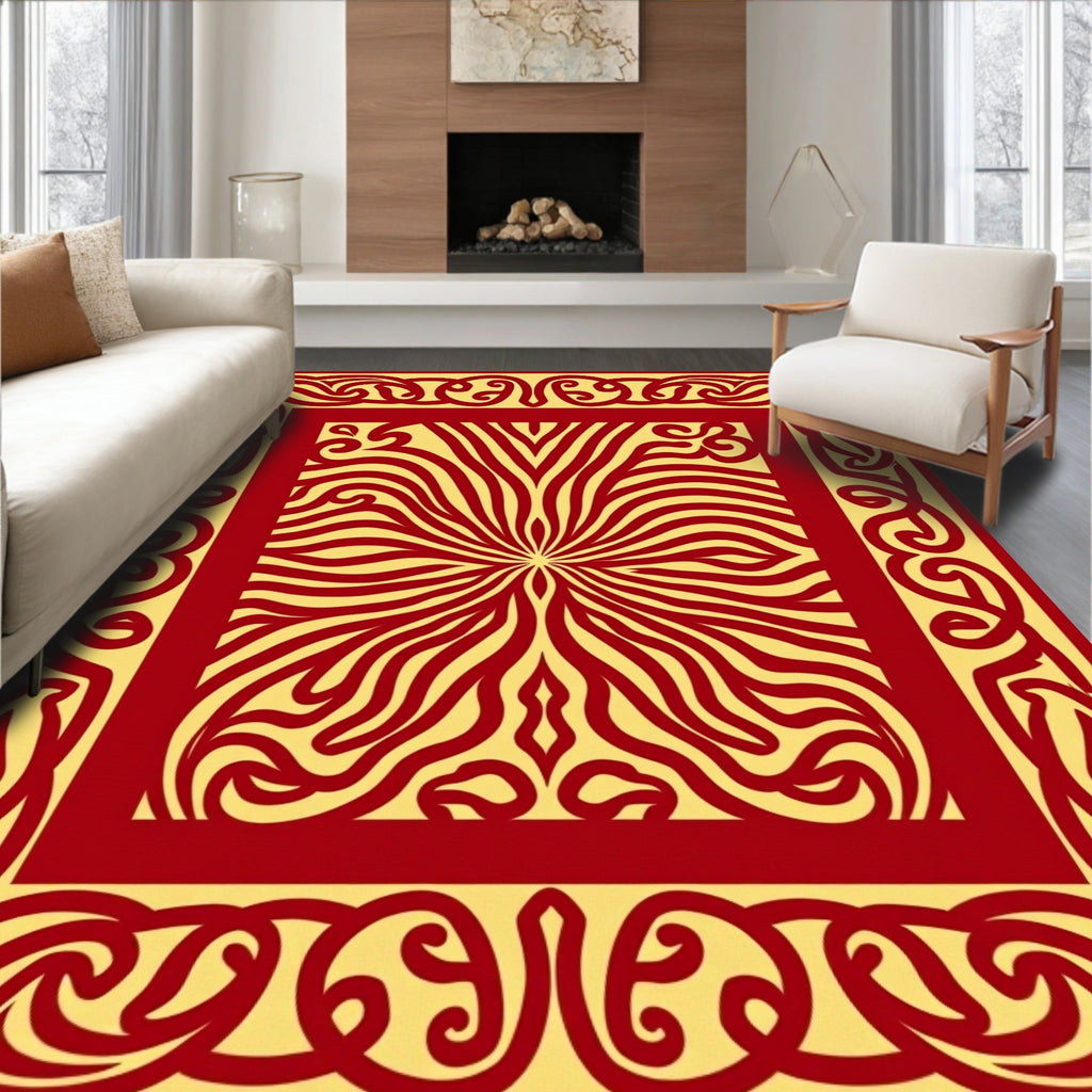 Crimson Golden Sunburst Border Rug