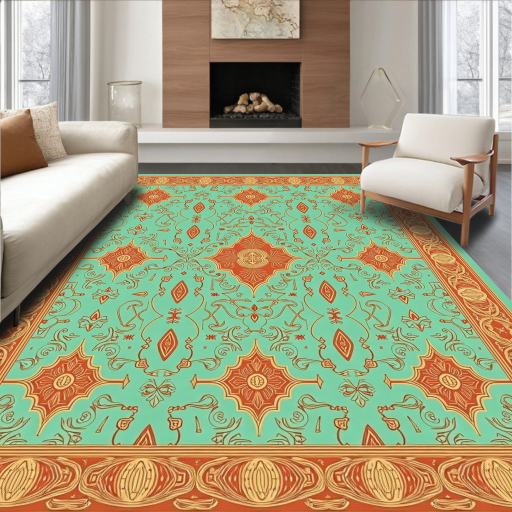 Teal Orange Ornate Medallion Border Rug
