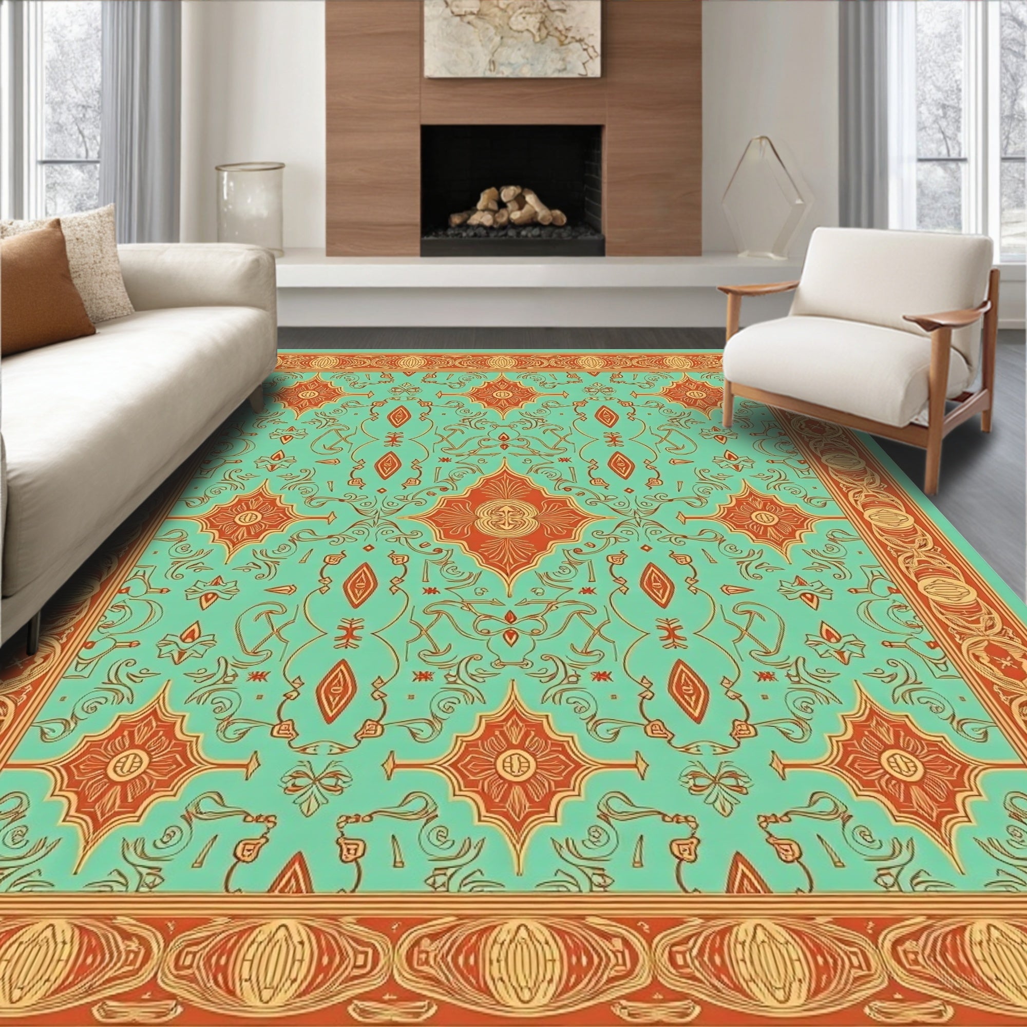Teal Orange Ornate Medallion Border Rug