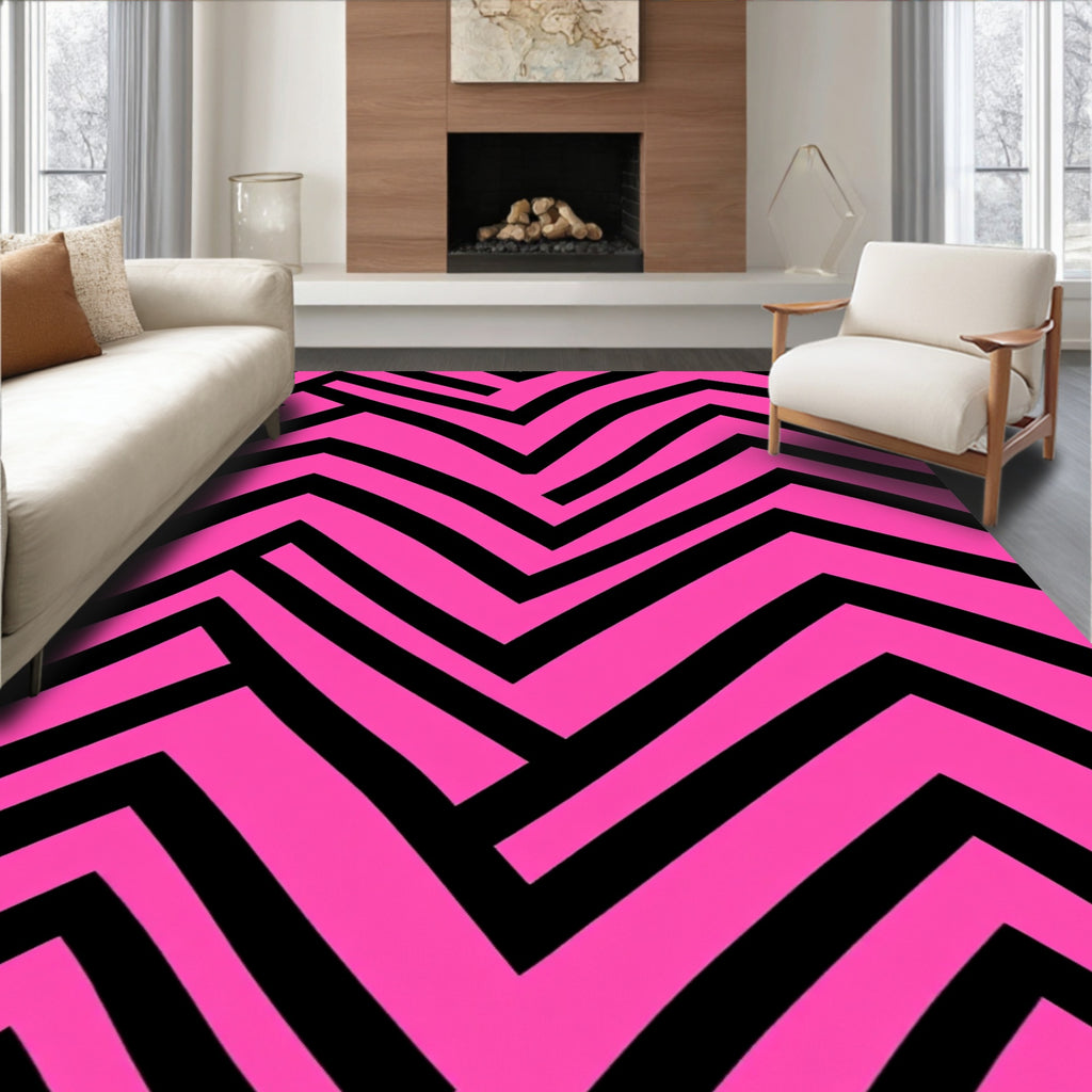 Vibrant Pink Black Zigzag Lines Rug
