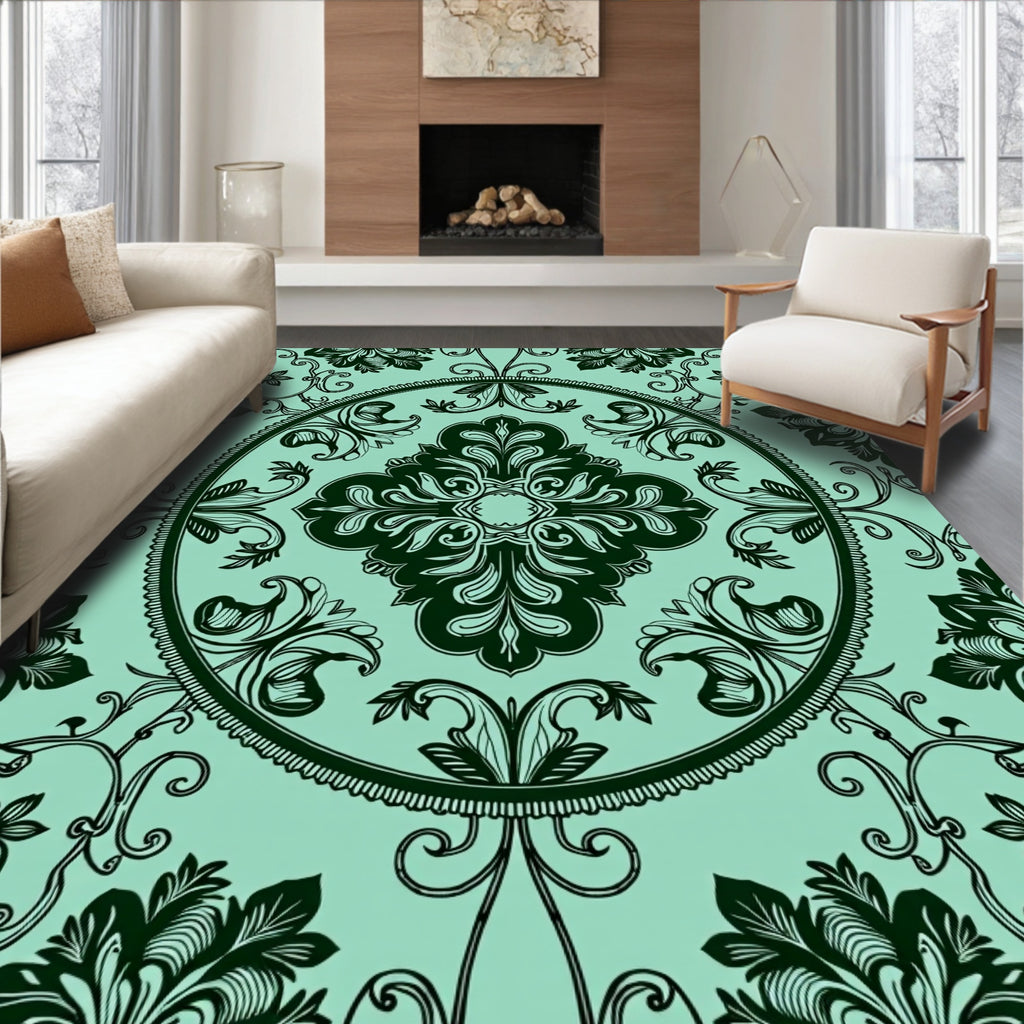 Teal and Black Damask Floral Medallion Rug