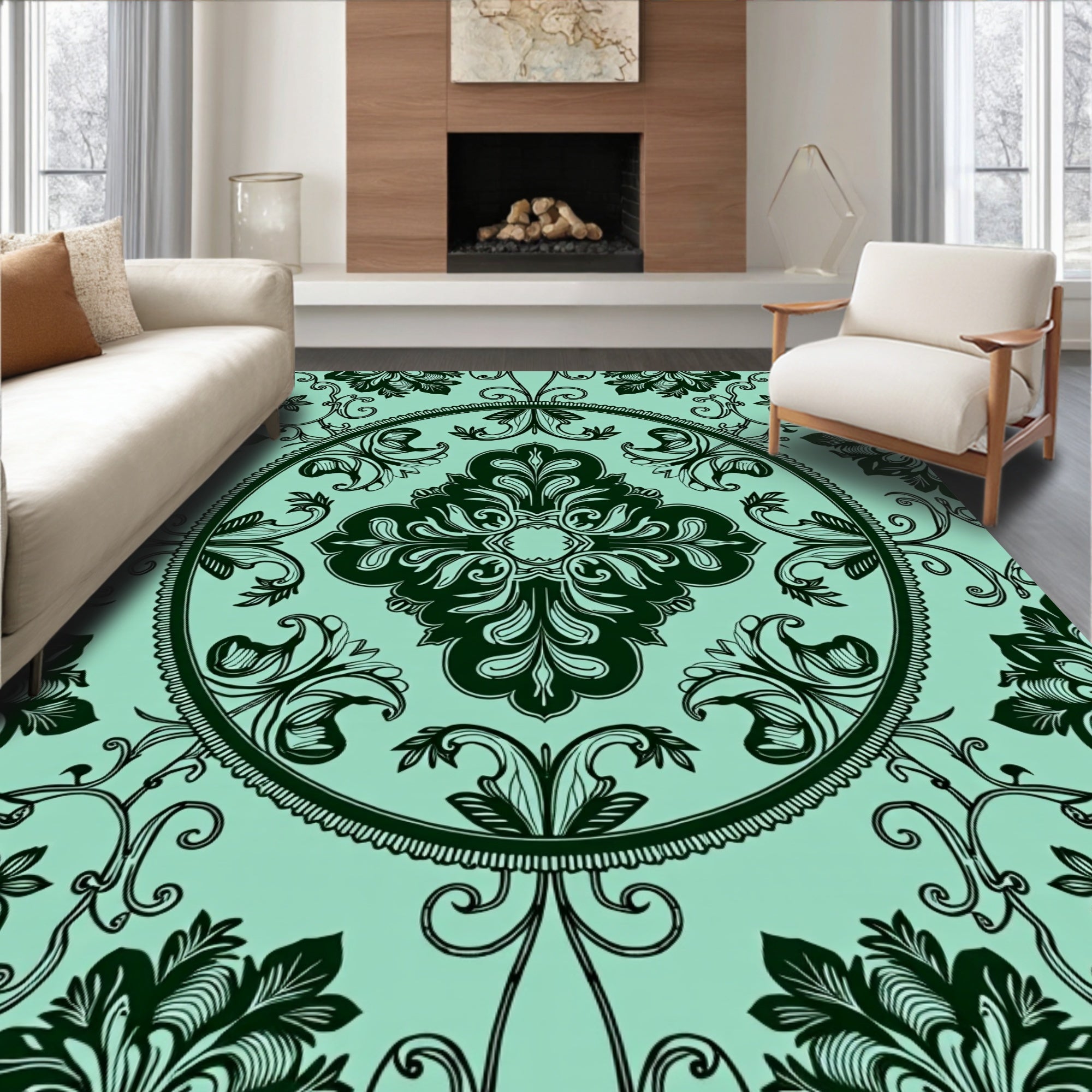 Teal and Black Damask Floral Medallion Rug