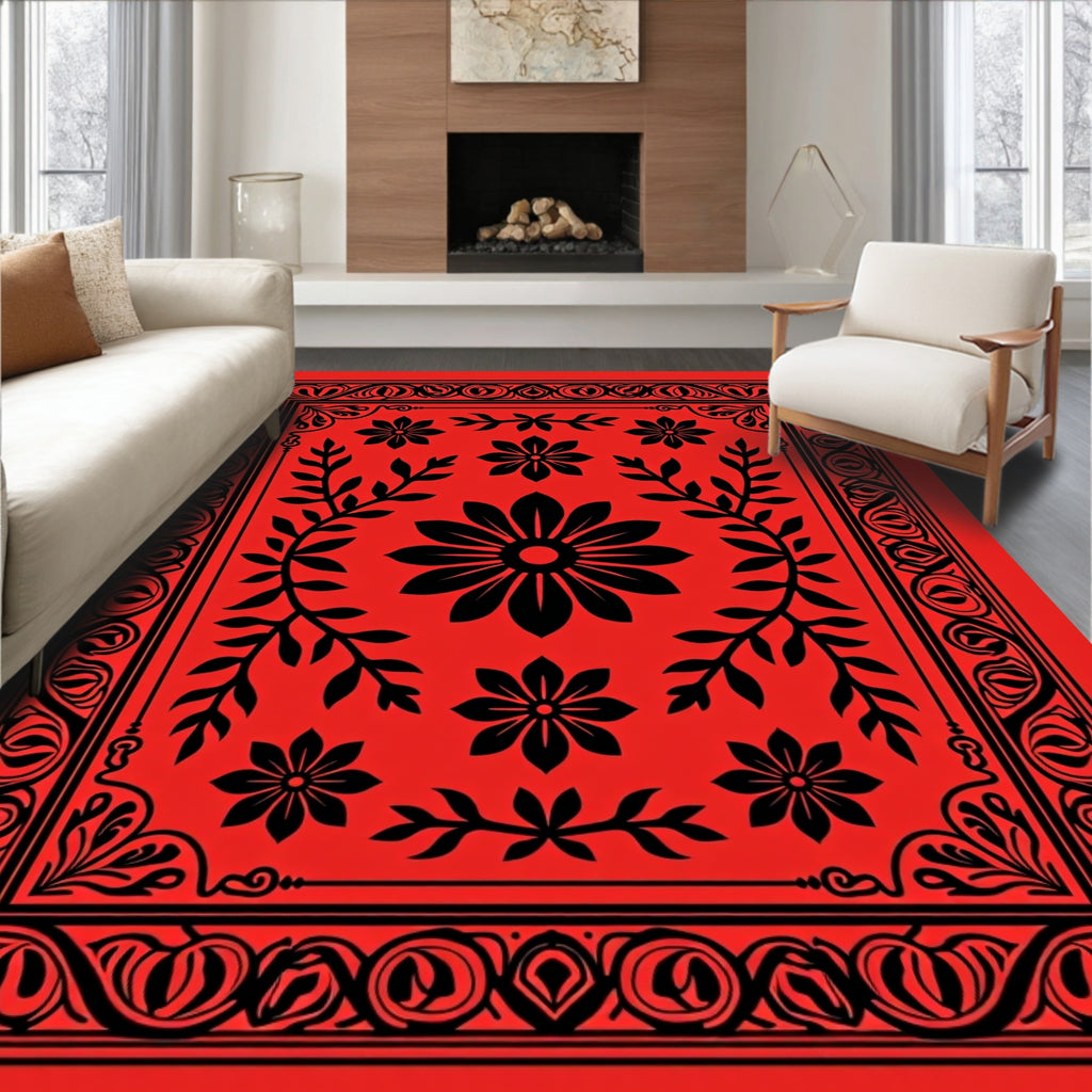 Bold Red Floral Garland Art Rug
