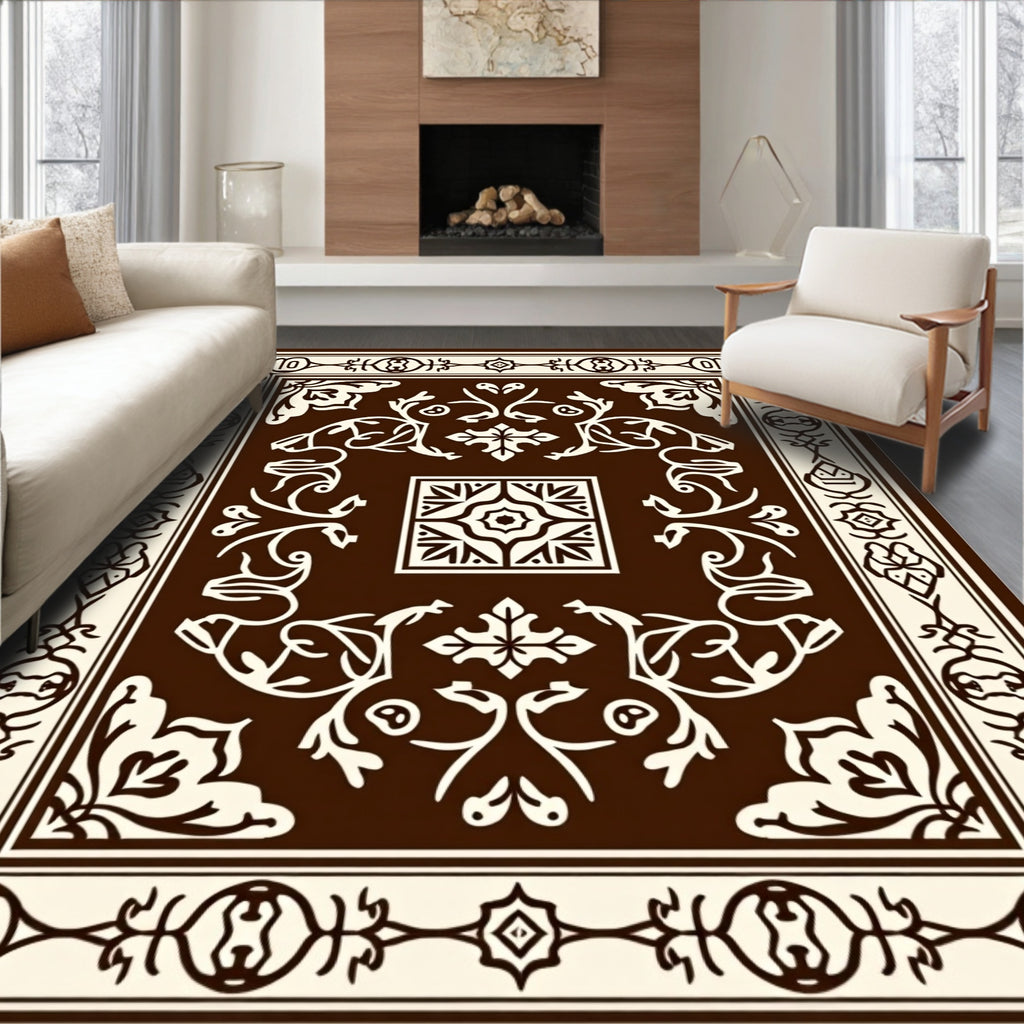 Classic Brown Cream Floral Symmetry Rug