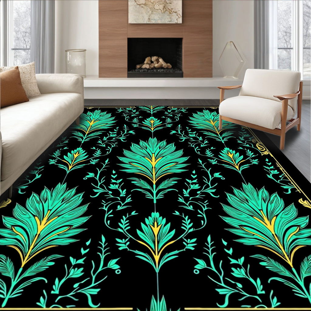 Art Nouveau Teal Floral Emerald Accents Rug