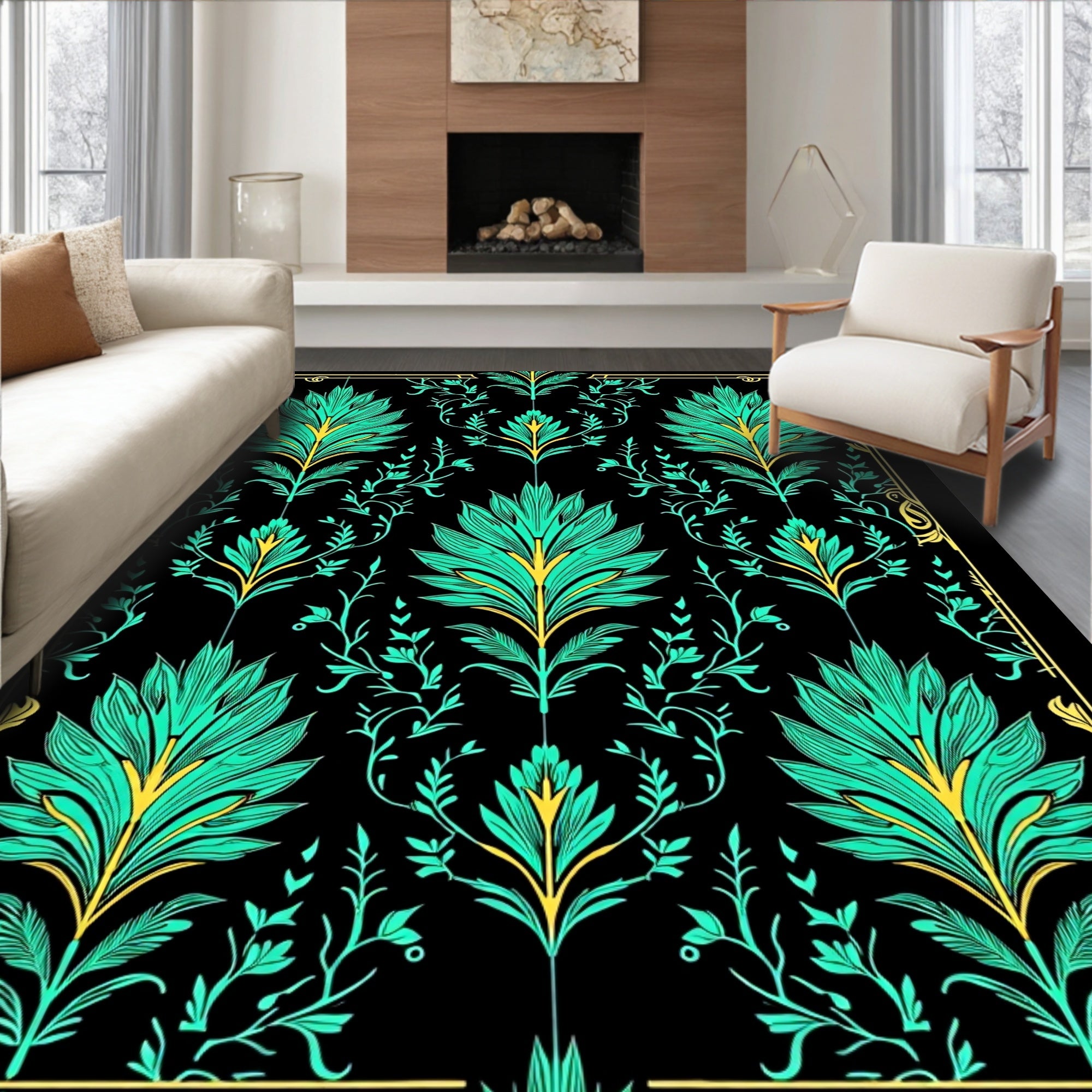 Art Nouveau Teal Floral Emerald Accents Rug