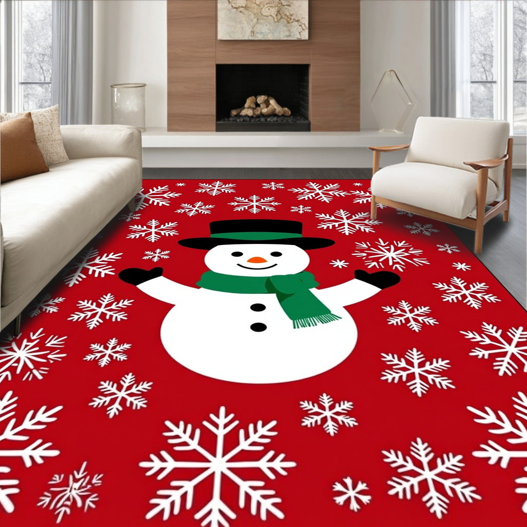 Cheerful Snowman White Snowflake Red Rug