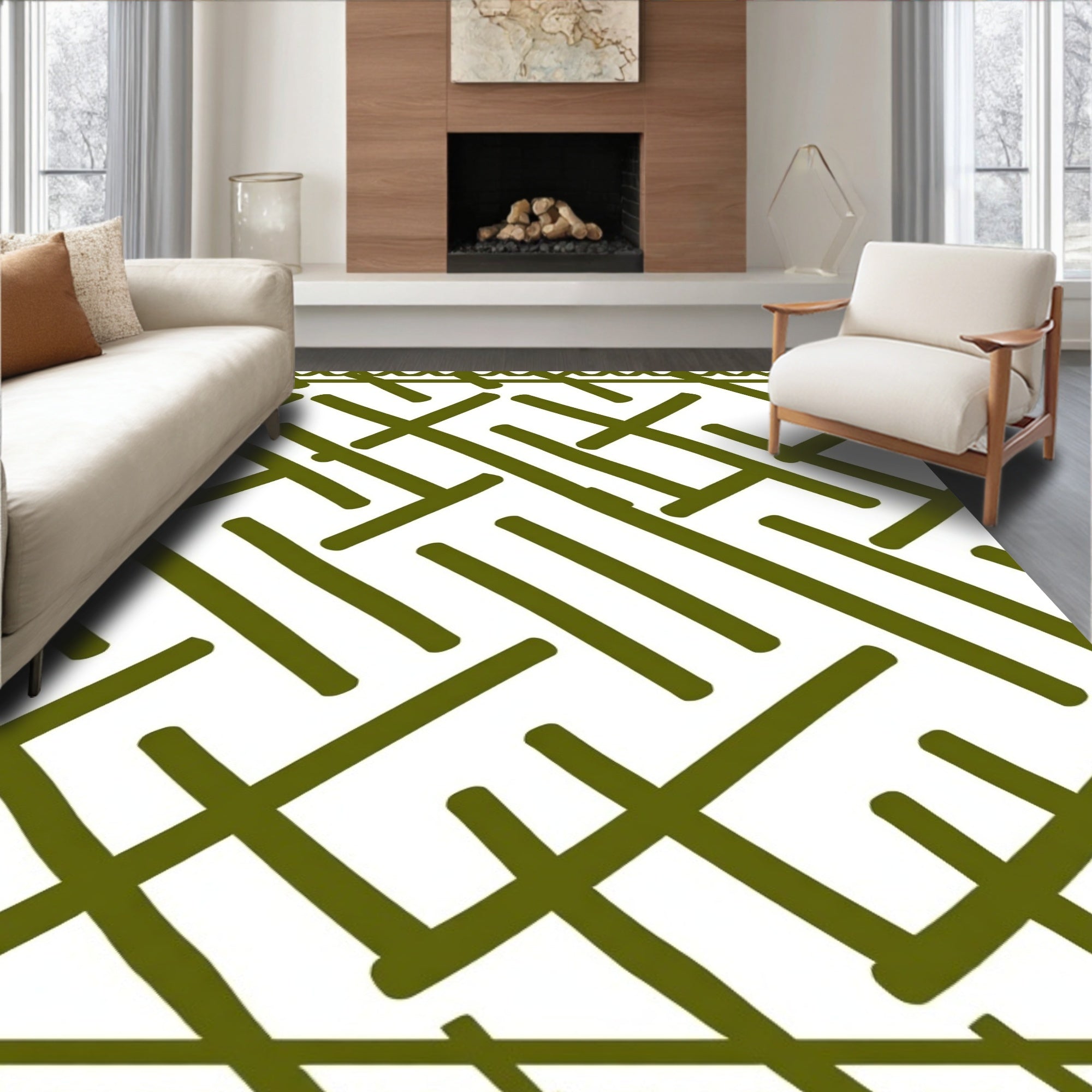 Olive Green Intersecting Lines Texture Rug