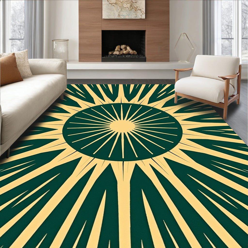 Radiant sunburst in green and gold Rug
