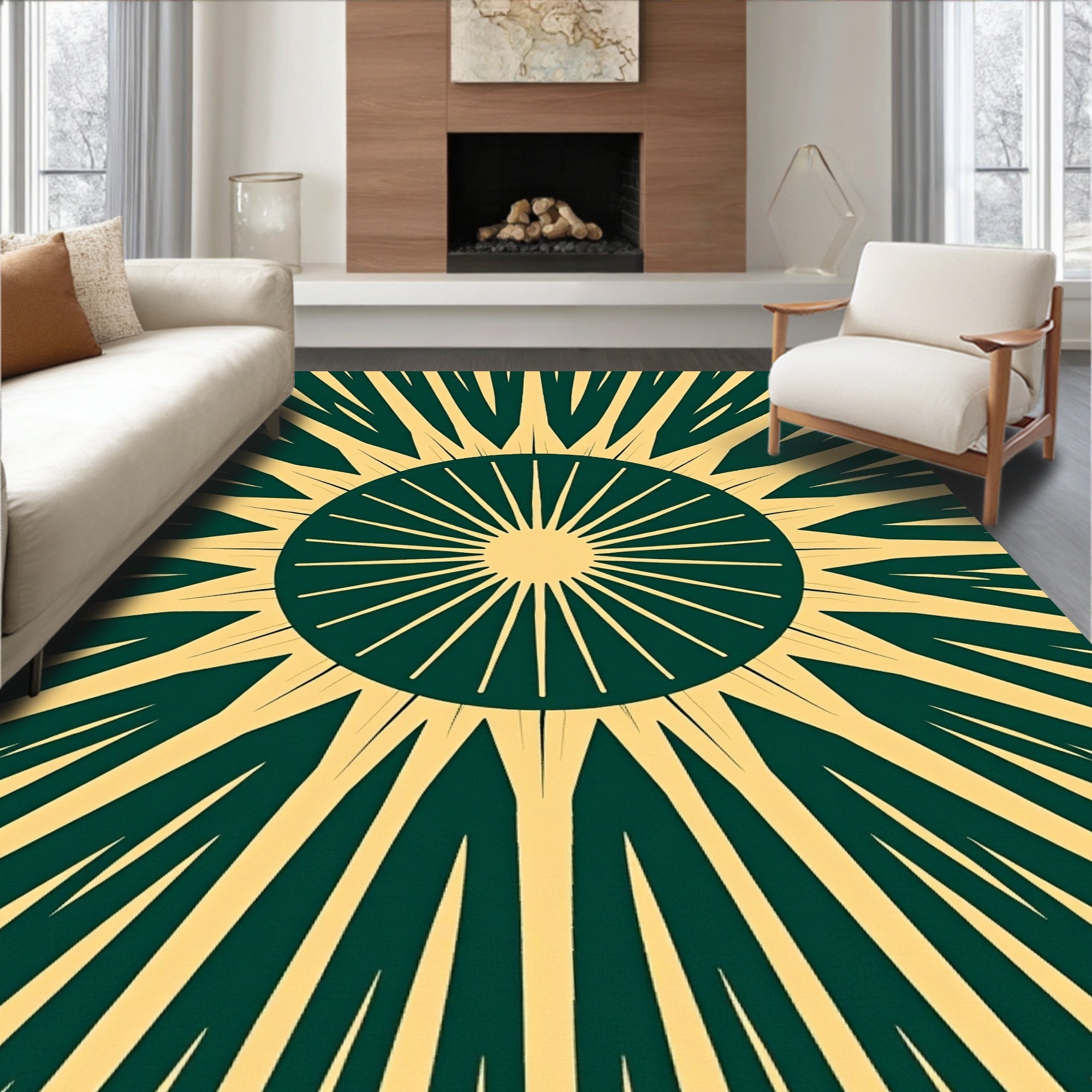 Radiant sunburst in green and gold Rug
