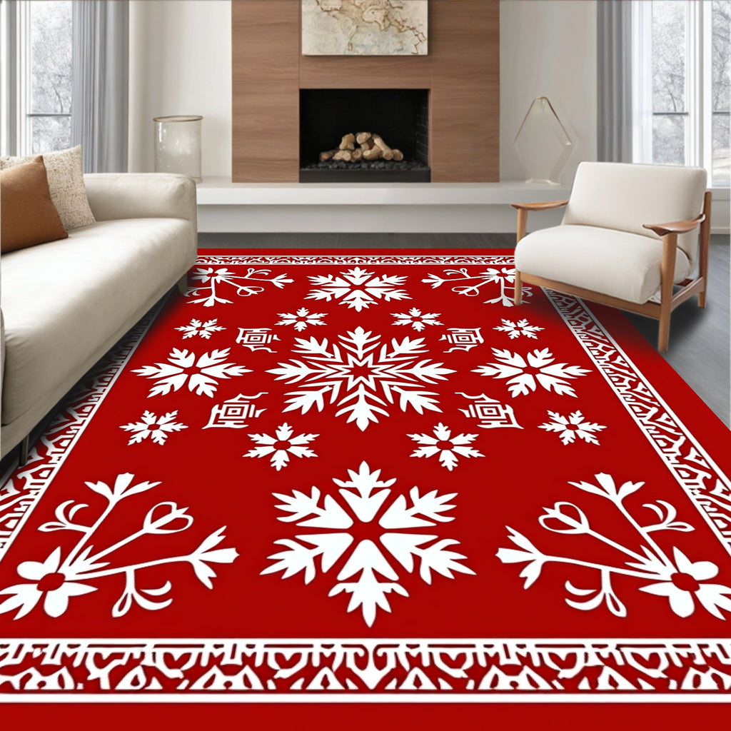 Red Festive Snowflake Winter Holiday Rug