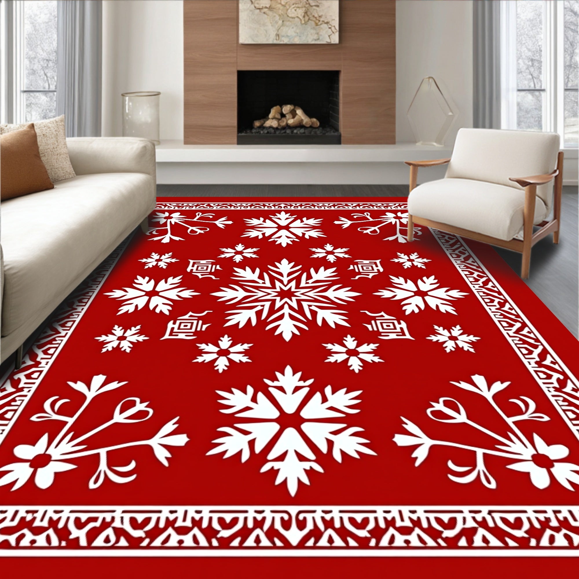 Red Festive Snowflake Winter Holiday Rug