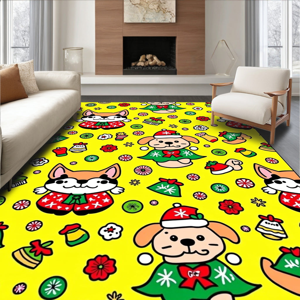Christmas Dogs Yellow Polka Dot Companions Rug