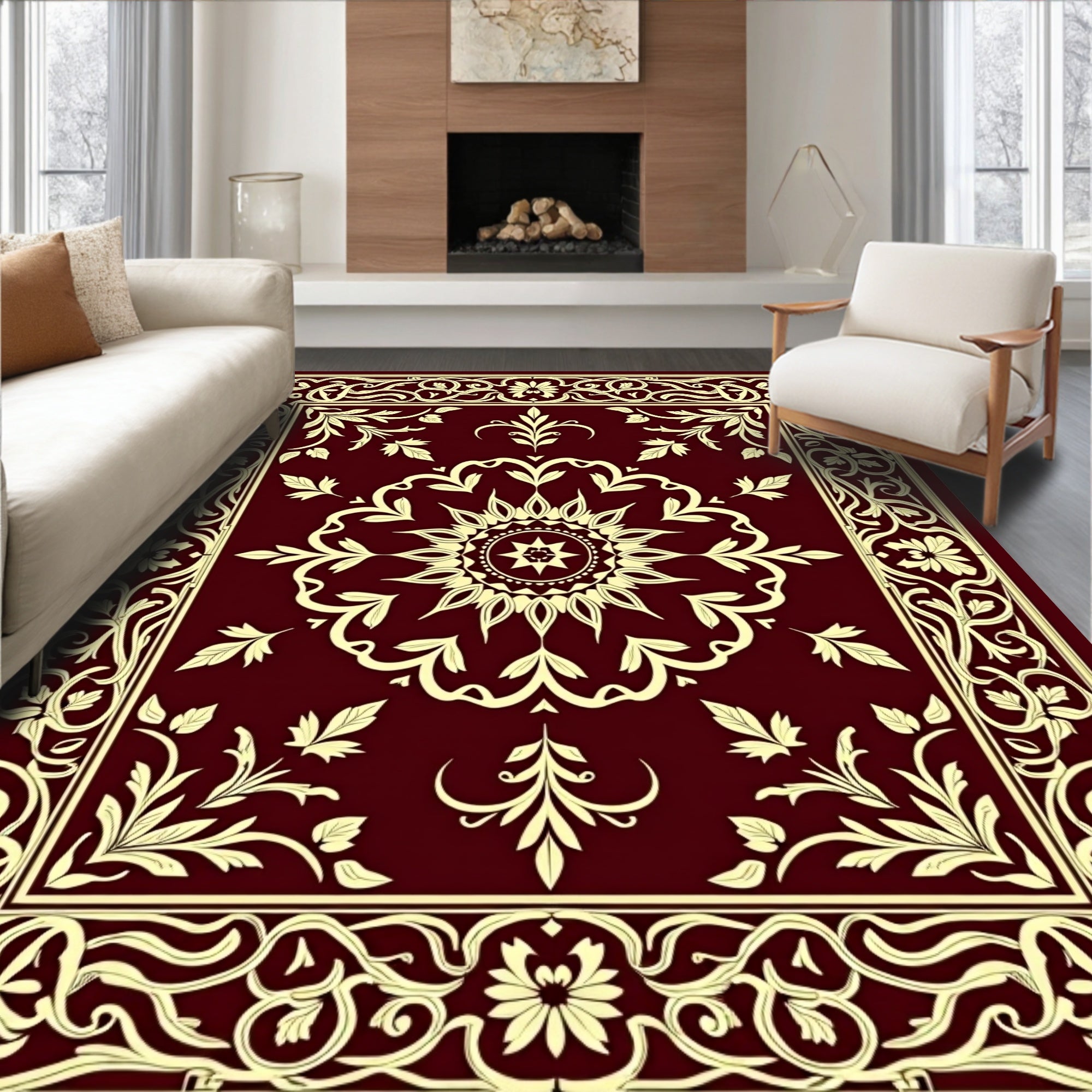 Magnificent Crimson Yellow Medallion Border Rug